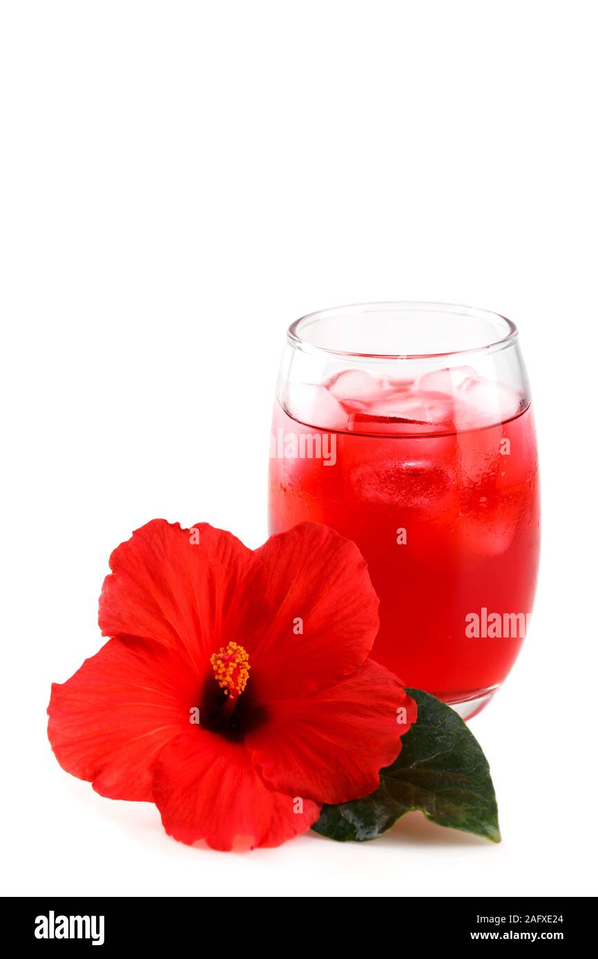 Hibiscus rempli de ted glacé dans un verre avec fleur rouge, copie espace vvertical Banque D'Images