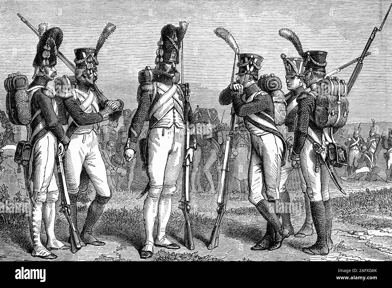 L'uniforme de la Garde Impériale : Hunter, rifleman, grenadier, shooter, cadet et Hunter. Guerres napoléoniennes. Illustration d'antiquités. 1890. Banque D'Images
