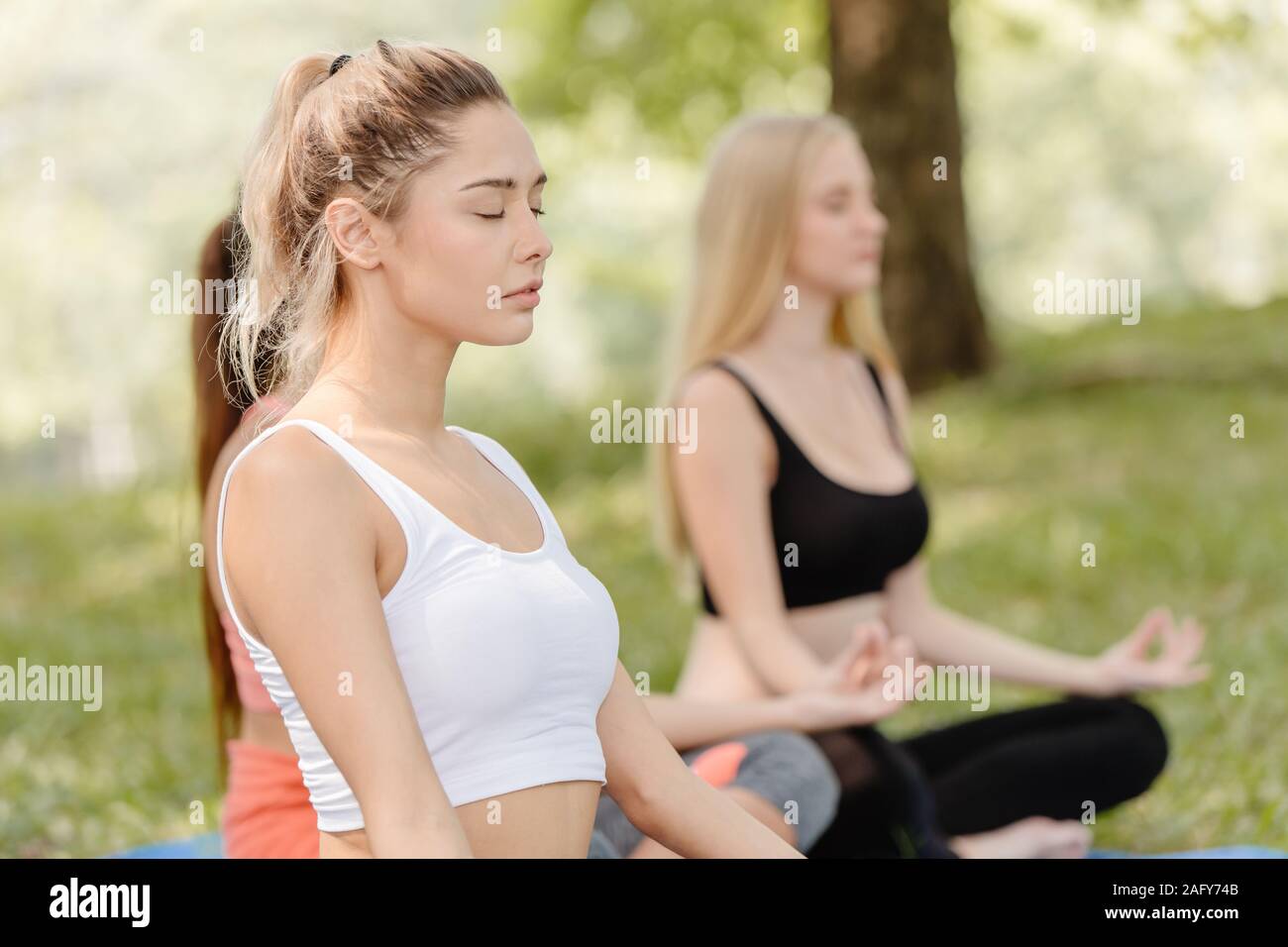 Girl doing méditer avec des amis dans un parc assis à faire la méditation légère concentration (Pranayama) pour améliorer la mémoire et de concentration. Banque D'Images