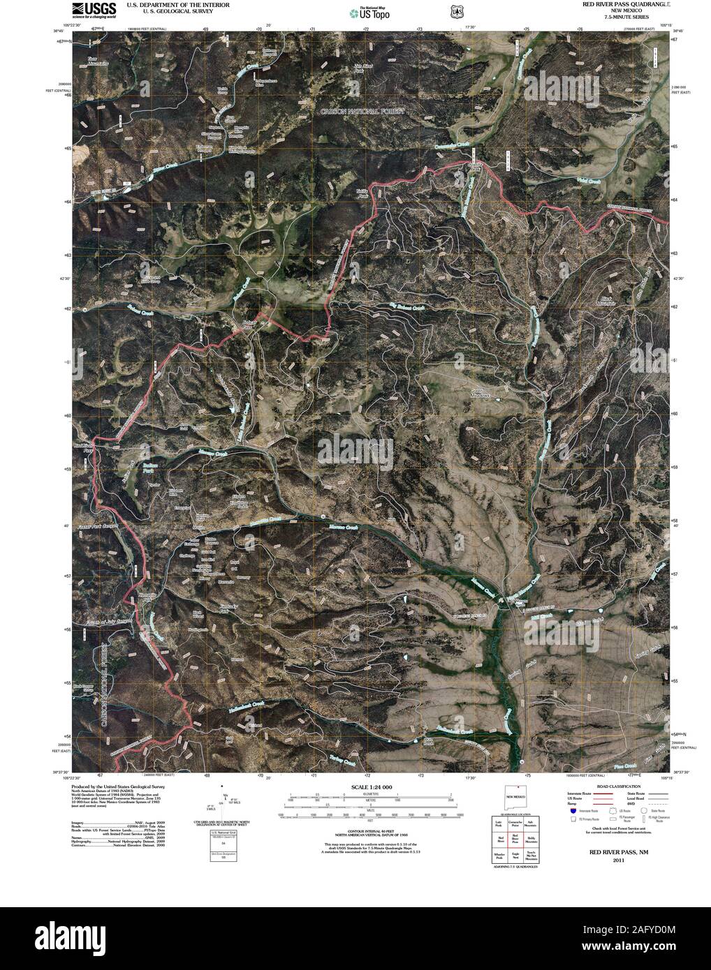 Carte TOPO USGS New Mexico NM Rivière Rouge Col 20110203 Restauration TM Banque D'Images