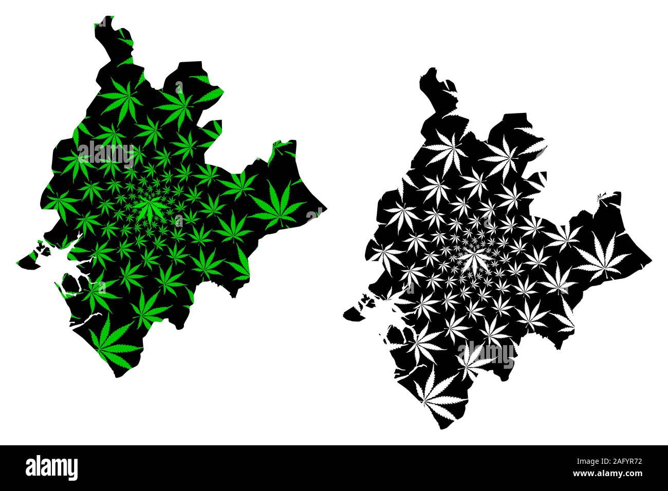 Région du littoral (régions du Cameroun, République du Cameroun) la carte est conçue de feuilles de cannabis vert et noir, Littoral carte de marijuana,T Illustration de Vecteur