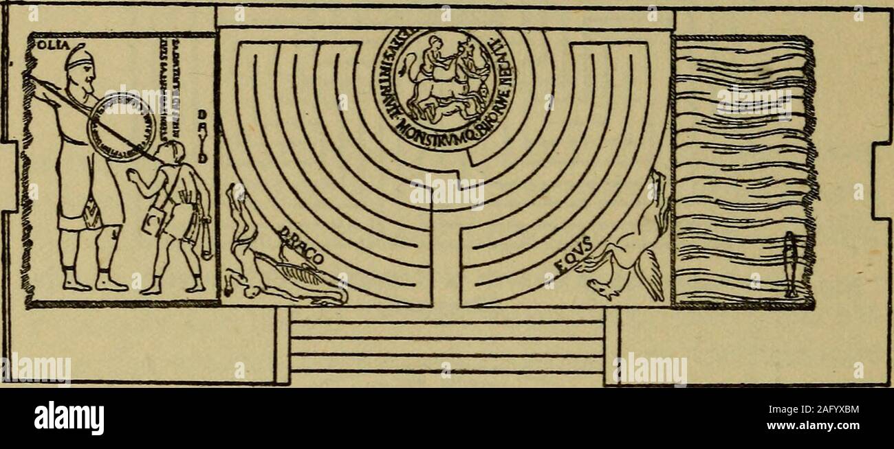 Labyrinthes - Thésée et le minotaure. Thésée et le Minotaure dans le  labyrinthe, d'après une peinture sur un vase Grec, reproduit dans l'ymbolik  Creuzer Mythologie und der Voelker altern', 1819 Photo Stock -