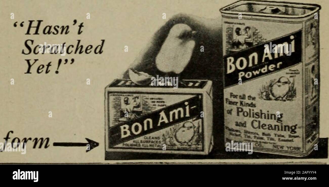 . Cuisine américaine. l'habitude rayer. Les meilleurs fabricants de aluminumware conseillent tous les avec du Bon Ami. Exempled'eux mentionner les savons à récurer, andpowders aussi, mais seulement pour le harderand plus ternes à l'intérieur de surfaces, qui aremade pour résister à l'affouillement ; mais pas dans les gâteaux et la poudre W^ BON. L'ENTREPRISE AMI, NEVYORK pour le bon, poli, à l'extérieur sur-faces, où seulement du Bon Ami r n. Le gâteau soit sous forme de poudre ou de BonAmi fera ce travail. Une façon est d'utiliser du Bon Ami drj poudre vous pouvez polir avec elle tout à fait Avonderfully. Du Bon Ami est recommandée à l'cleaningdirections délivré avec tous les bes Banque D'Images