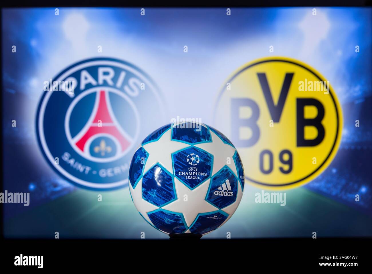 Ligue des Champions 2020, Série de 16 UCL football, phase éliminatoire, éliminatoires, officiel Adidas ballon de soccer 2020 Banque D'Images