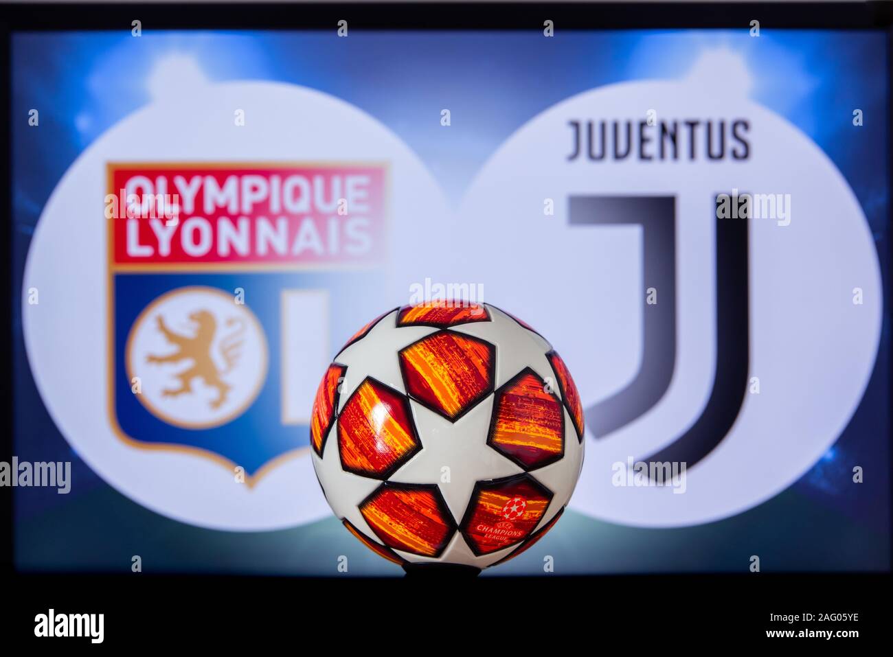 Ligue des Champions 2020, Série de 16 UCL football, phase éliminatoire, éliminatoires, officiel Adidas ballon de soccer 2020 Banque D'Images