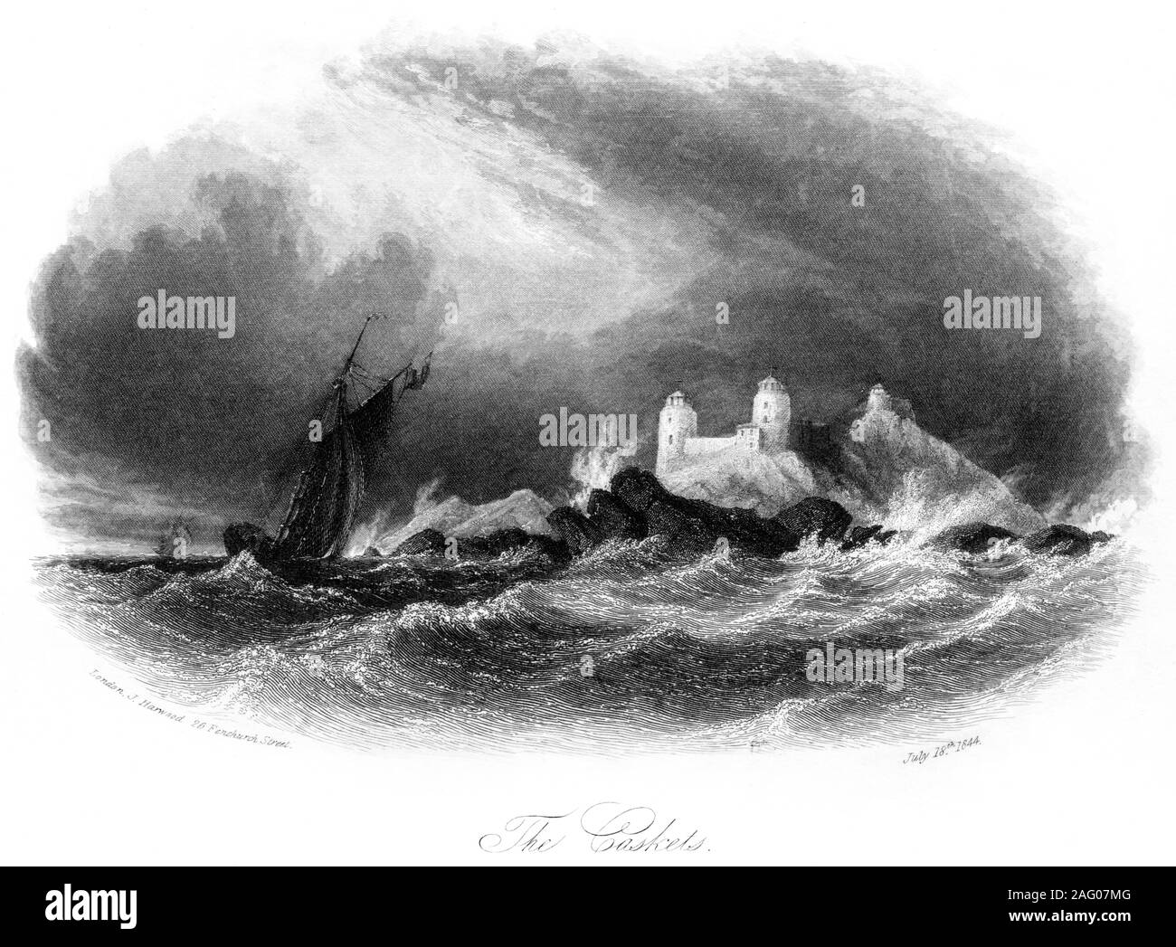 Une gravure du cercueil (les Casquets, près de l'Alderney) datée du 18 juillet 1844 numérisées à haute résolution. Croyait libres de droit. Banque D'Images