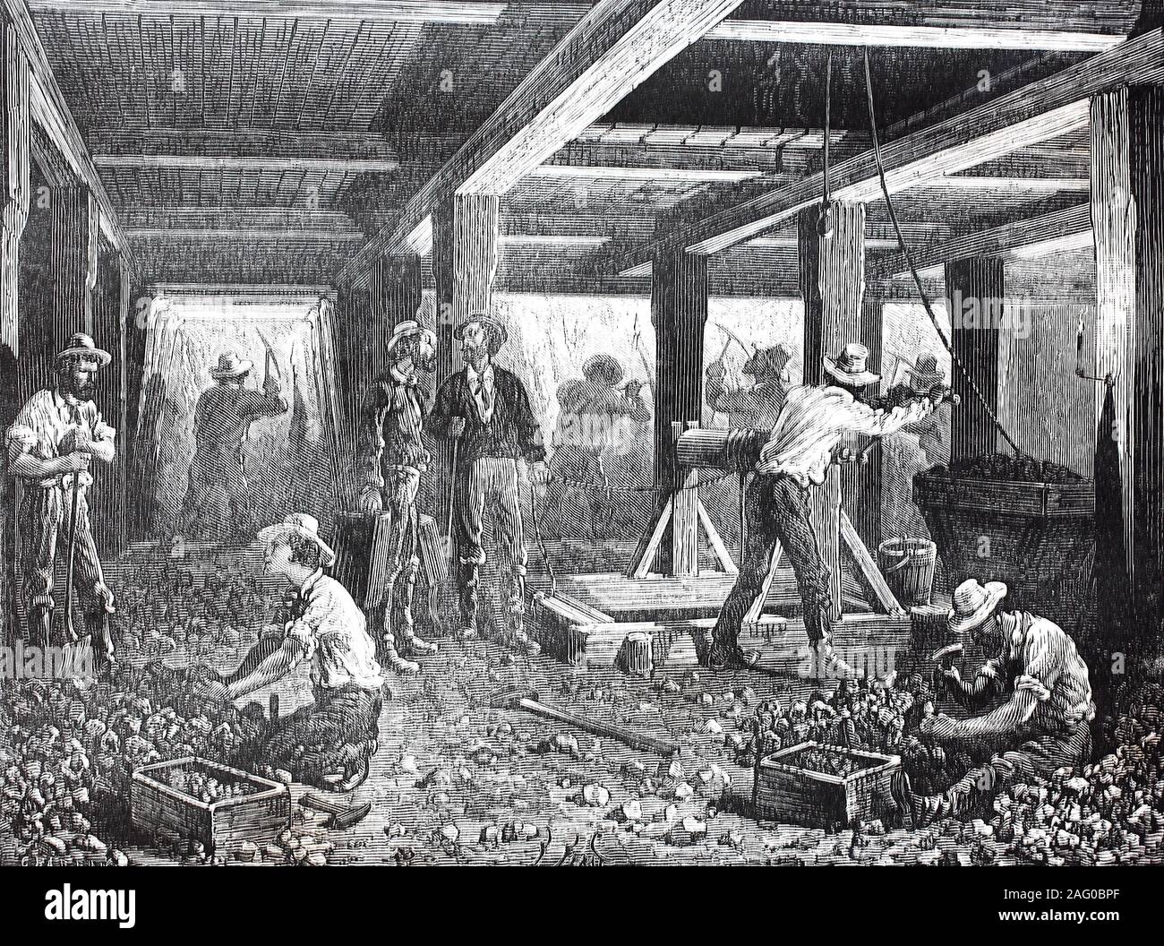 Les travailleurs dans les mines d'argent du Nevada, USA / Arbeiter in den Silberminen von Nevada, USA, la reproduction d'un original du 19ème siècle, l'amélioration numérique / Reproduktion einer Vorlage aus dem 19. Jahrhundert, OECD numérique Banque D'Images