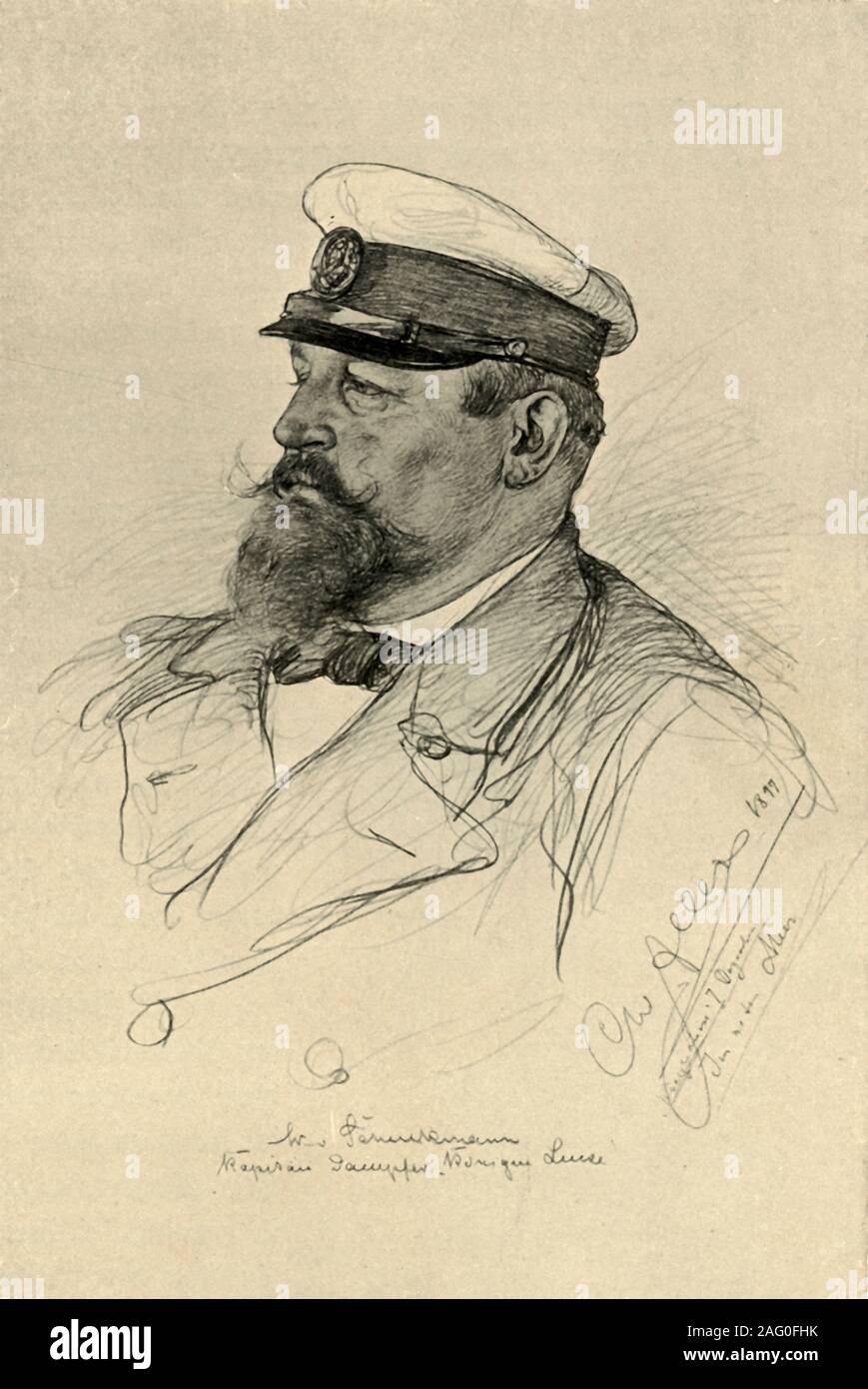 Le capitaine de bateaux à vapeur, 1898. Portrait du capitaine d'un navire voyageant de l'Afrique à l'Inde. 'Kapit&# xe4;n Dampfer [ ?] Luise'. À partir de "Rund um die Erde" [le Tour de la terre], écrit et illustré par C. W. Allers. [Union Deutsche Verlagsgesellschaft, Stuttgart, 1898] Banque D'Images