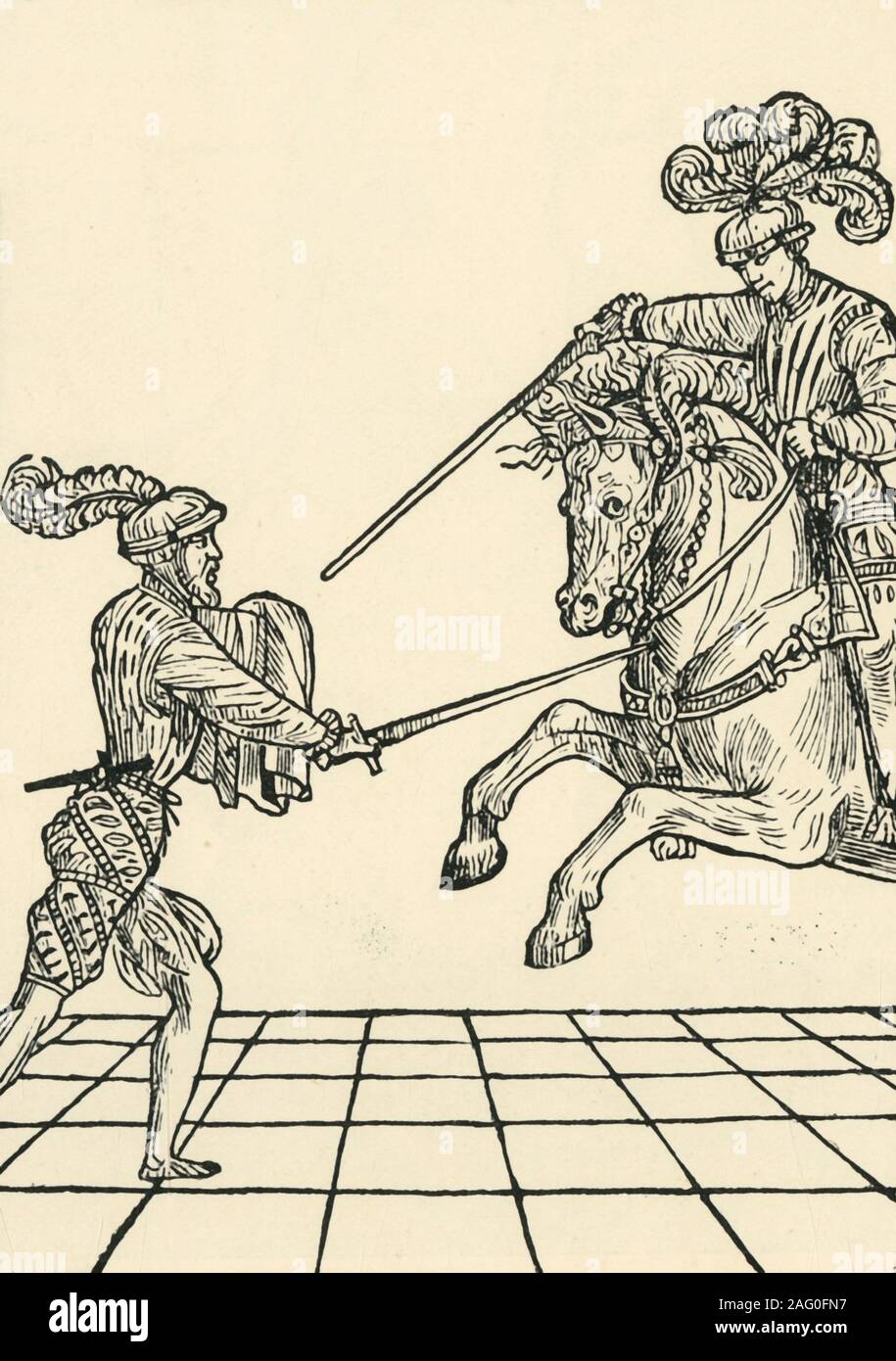 Épée combat entre pieds-soldat et Knight, c1536, (1903). 'L'&# xc9;p&# xe9;e Saule entre pi&# xe9;tonne et Cavalier'. En 1536, maître d'italien Achille Marozzo (1484-1553) a publié un ouvrage sur la théorie, les séquences et les techniques de combat avec des armes différentes. Intitulé "Opera Nova dell'Arte delle Armi" ("Le nouveau texte sur l'art des armes"), il est considéré comme l'un des ouvrages les plus importants sur le sujet dans le 16e siècle. C'était peut-être illustré par Hans Sebald Beham. À partir de "La Revue De L'Art ancien et moderne" - Volume XIV, juillet-décembre 1903, [Paris, 19 Banque D'Images