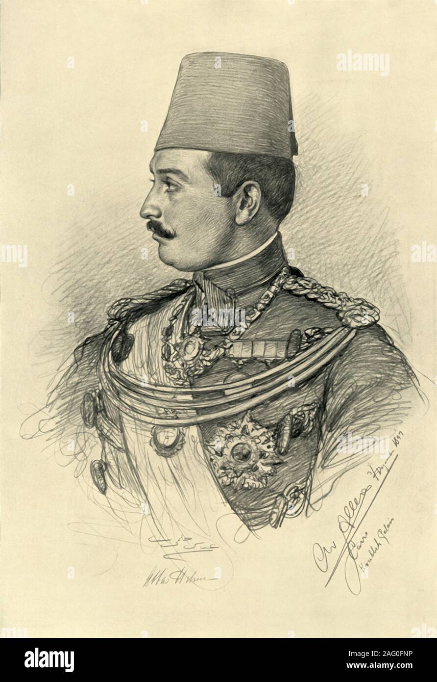 Abbas II Helmy Bey, Palais de Koubbeh, Le Caire, Egypte, 1898. Portrait de Abbas II (1874-1944), également connu sous le nom de Abbas Hilmi Pasha, le dernier Khédive (vice-roi Ottoman) de l'Égypte et le Soudan. Il règne de janvier 1892 au 19 décembre 1914. 'Abbas II, Khédive von Aegypten'. À partir de "Rund um die Erde" [le Tour de la terre], écrit et illustré par C. W. Allers. [Union Deutsche Verlagsgesellschaft, Stuttgart, 1898] Banque D'Images