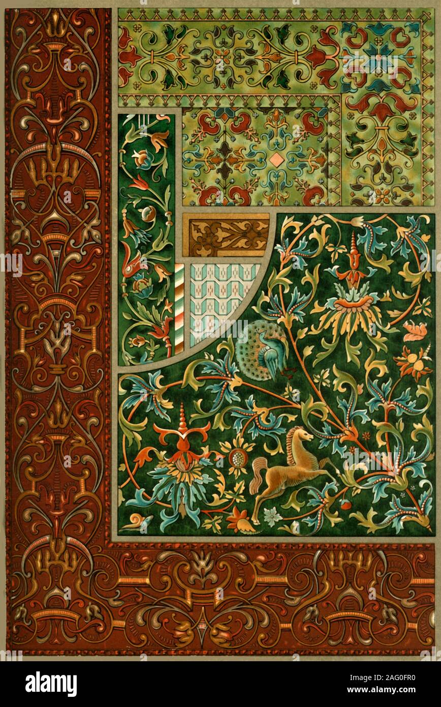 Broderie Renaissance allemande, (1898). 'Fig 1 : couverture de table brodé en point de croix, en la possession de M. Schauffele, pâtissier à Schwabisch-Hall. Fig 2 : , de la broderie-National-Museum bavarois à Munich. Fig 3 : à partir de la frontière brodé un tapis, ibid. Fig 4 : Le tapis brodé sur tissu, ibid., (1560- 1590.) Fig 5 : border-rideau brodé sur velours dans appliquée&# xe9 ;-travail (16cm de large) de la riche chapelle dans la résidence royale à Munich. Fig 6 : Limite d'une gold-pouf en cuir-pochette dans National-Museum la Bavière à Munich. Figure 7 : Modèle d'un matériau tissé dans le ch Banque D'Images