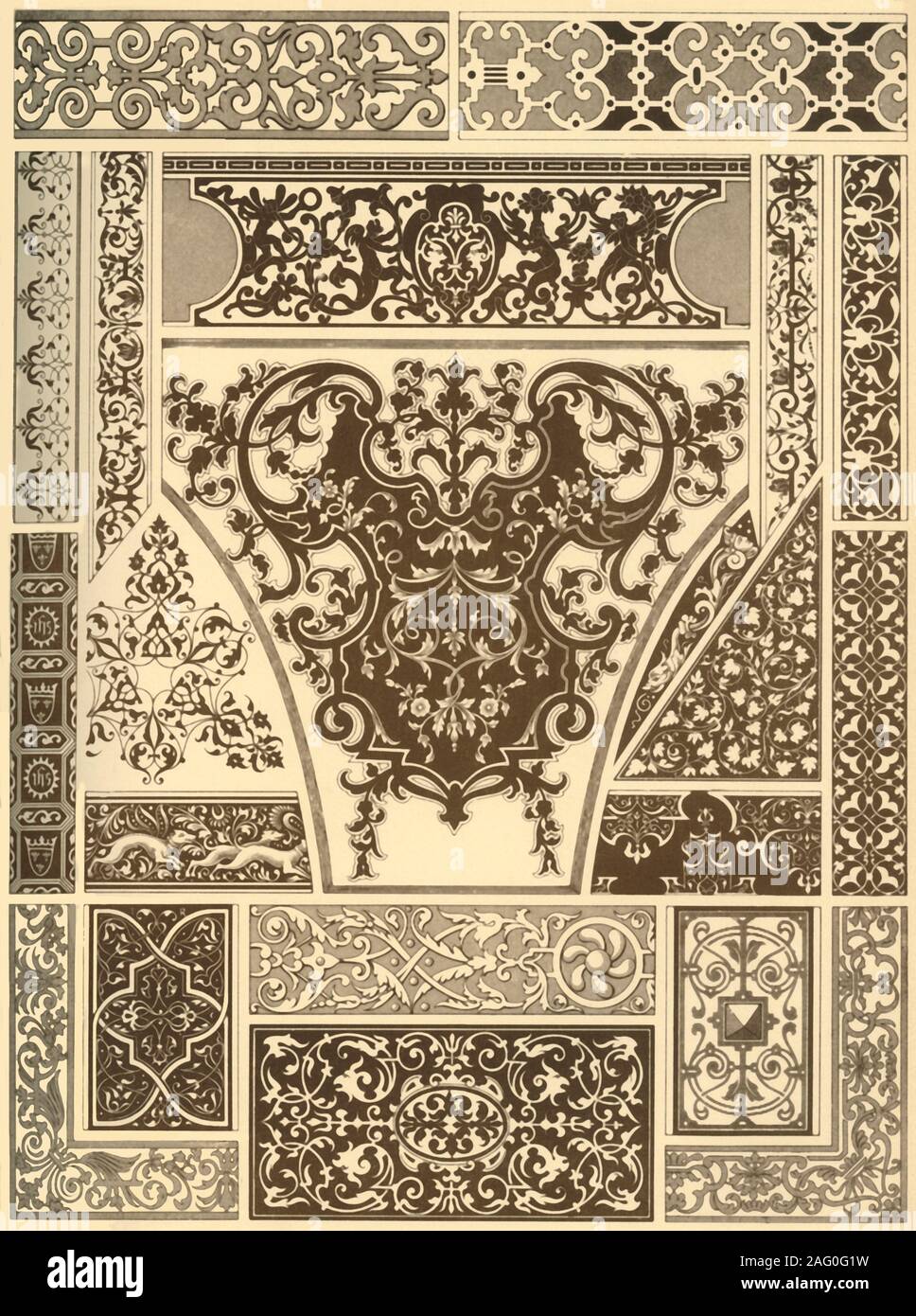 Ornement Renaissance française sur le bois et les métaux, (1898). 'Fig 1 : Boule travaillent à partir d'une horloge dans le Musée vaterl&# xe4;ndischer Altert&# xfc;mer à Stuttgart, (Anglais). Figs 2 et 3 : travail en bois marqueté d'ébène et d'ivoire à partir d'une table, ibid., (allemand). Fig 4 : travail en bois marqueté d'une tente-lit dans la salle dorée à Urach, (allemand). Figs 5 et 6 : travail en bois marqueté sur un mur de plus en plus profondément dans le palais de justice de Dijon, (Anglais). Fig 7 : travail en bois marqueté d'une poitrine à Ravensburg, (allemand). Fig 8 : marqueterie d'argent sur un bouclier d'or dans le trésor royal à Munich, (allemand). Fig 9 : l'ivoire incrusté de travailler sur un pi Banque D'Images
