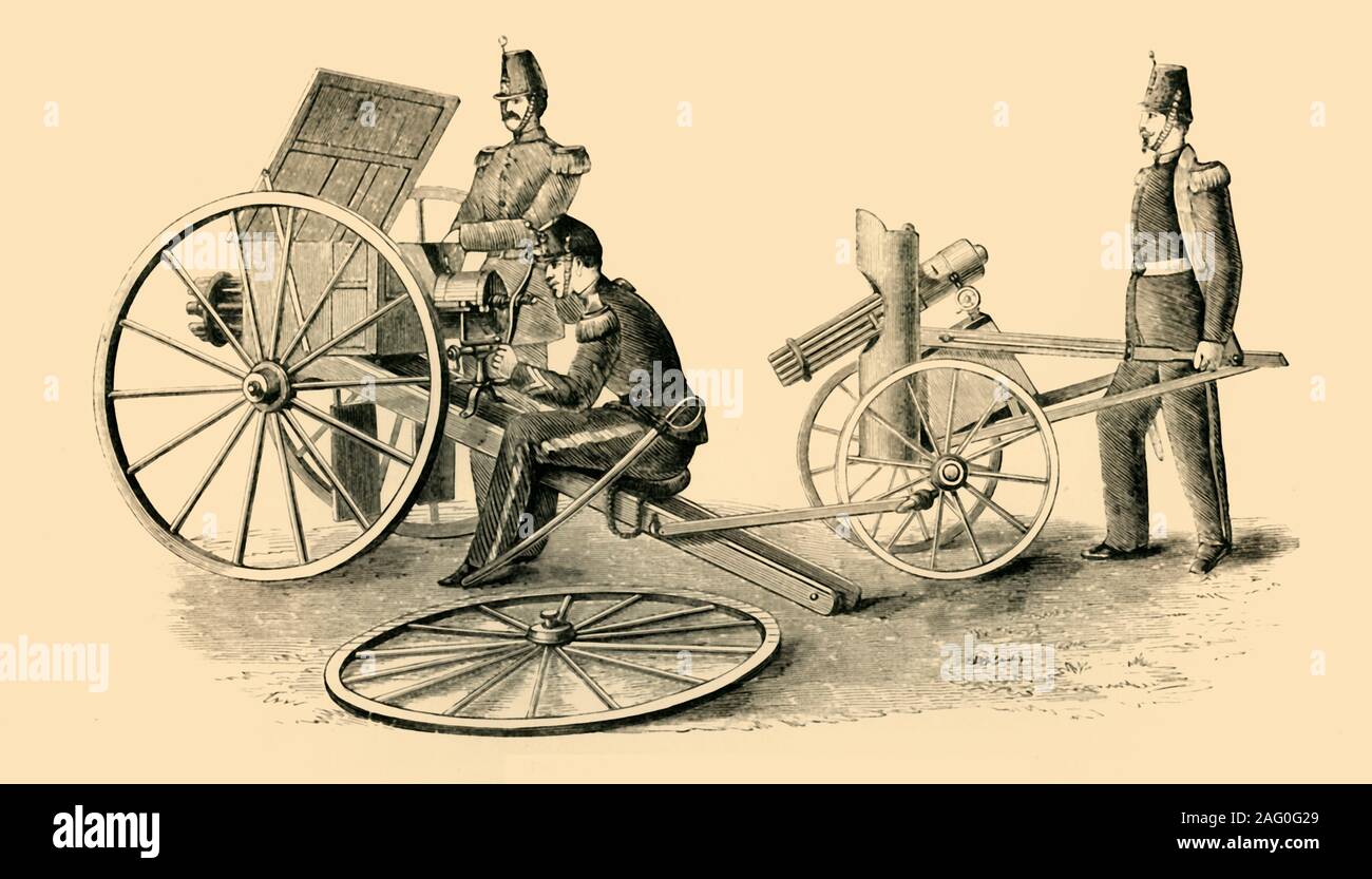 Mitrailleuse française 'en action', c1872. Machine gun utilisé par l'armée française pendant la guerre franco-prussienne de 1870-1871. La mitrailleuse était un type d'armes à feu pouvant tirer volley tours à la fois ou en succession rapide. "De la guerre franco-allemande : ses causes, d'incidents et conséquences", Volume I, par le capitaine H M Hozier. [William Mackenzie, Londres, 1872] Banque D'Images