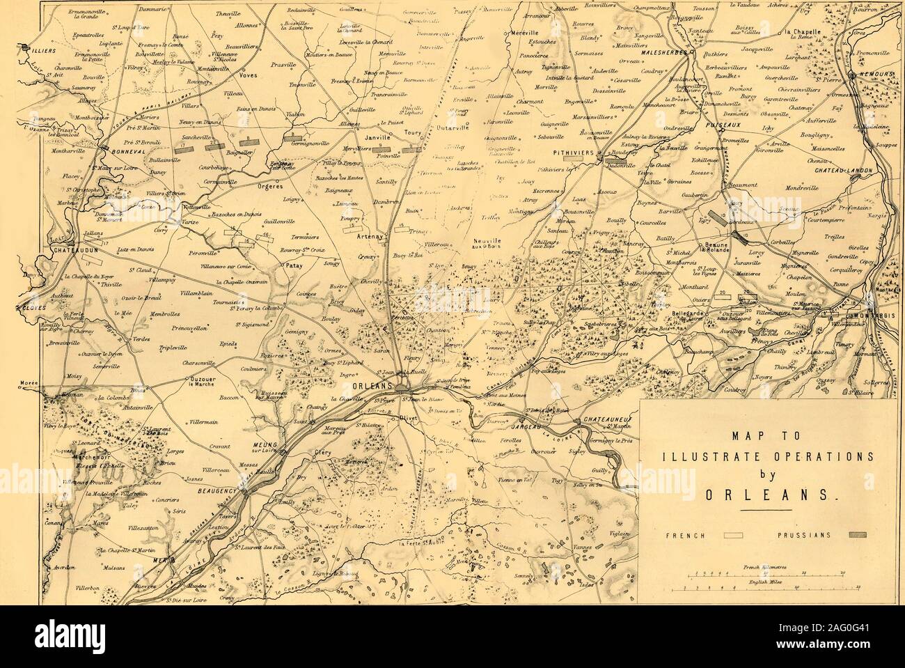 'Map pour illustrer la paix par Orléans, (c1872). Site : 'Drawn sous la direction du Capitaine Hozier', montrant les positions ennemies. Au cours de la deuxième bataille d'Orl&# xe9;et qui a eu lieu les 3 et 4 décembre 1870, les Allemands ont repris la ville de BDL&# xe9;et dans le nord de la France. "De la guerre franco-allemande : ses causes, d'incidents et conséquences", Volume II, par le capitaine H M Hozier. [William Mackenzie, Londres, 1872] Banque D'Images