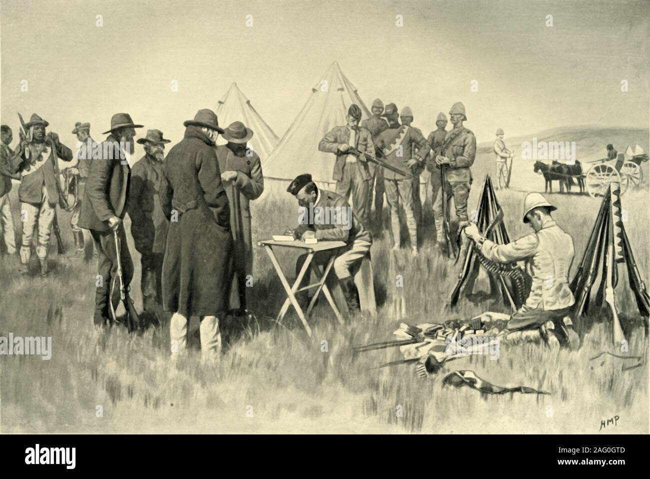 'Prendre les Boers serment de neutralité à l'Epine, 1901. Agriculteurs Boers qui ont pris un serment de neutralité a assuré la sécurité dans leurs foyers et ne seraient pas faits prisonniers de guerre ou privés de leurs biens. À partir de "l'Afrique du Sud et l' Ouest la guerre, Tome I", par Louis Creswicke. [T. C. &AMP ; E. C. Jack, Édimbourg, 1901] Banque D'Images