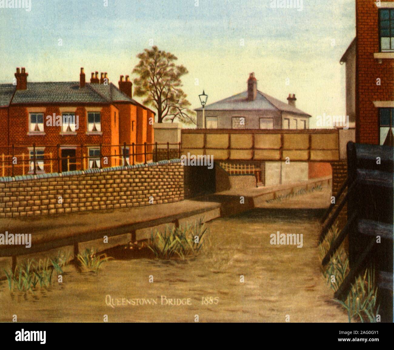 'Pont de Queenstown, Swindon, 1885', (1943). Vue de pont sur le Wilshire &AMP ; Berkshire Canal à Swindon dans le Wiltshire. À partir de l'anglais "villes et petites villes", par John Betjeman. [Collins, Londres, 1943] Banque D'Images