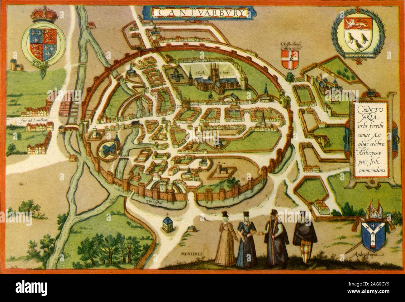 Le "Plan de Canterbury au xvie siècle", (1943). Plan de la ville fortifiée de 'Cantuarbury» dans le Kent, publié à l'origine c1580 par Georg Braun et Frans Hogenburg. Le texte latin traduit comme : 'Canterbury, ville célèbre dans le comté très fertile de l'Angleterre ; il convient de citer qu'un siège archiépiscopal'. À partir de l'anglais "villes et petites villes", par John Betjeman. [Collins, Londres, 1943] Banque D'Images