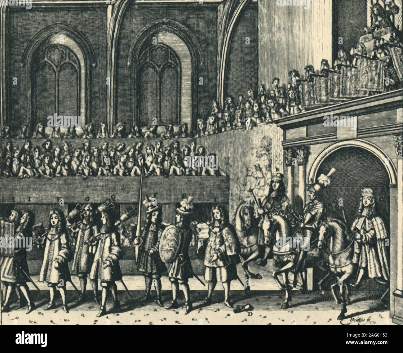 'Le Roi est entrée Challenger Westminster Hall', 1684, (1947). Fonctionnaires et des nobles à l'intérieur de Westminster Hall dans le Palais de Westminster, Londres. Le Champion du roi '...une fois qu'rode... entre les tables de la noblesse roystering de contester tout litige que le souverain a le droit de régner". Le champion a été nécessaire pour monter en armure complète dans Westminster Hall pendant le banquet de couronnement, escorté par l'Earl Marshal et le Lord High Constable, tous en grande tenue, robes et couronnes, et d'attendre le défi à tous les arrivants. "De la Chambre des communes", par Martin Lindsay M.P. [Collins, Banque D'Images