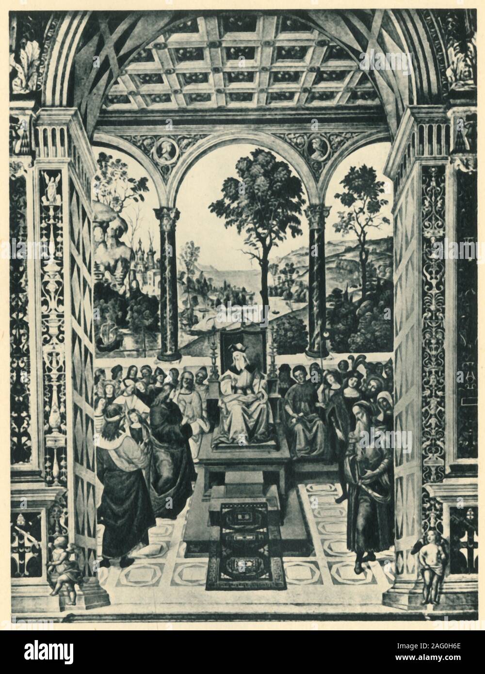 Aeneas Piccolomini Silvus 'à la Cour de Jacques I d'Écosse", (1946). En 1435, cardinal italien Enea Silvio Piccolomini (1405-1464, plus tard le pape Pie II) a été envoyé en mission secrète à l'Écosse. Ici il est reçu par le roi James I à sa cour à Édimbourg. Le palais de la Renaissance et de la loggia vue regardez plutôt plus italien que Scottish. Après une fresque peinte en 1503 par Bernardino Pinturicchio, dans la Bibliothèque Piccolomini, Sienne, Italie. À partir de "la vie entre les Écossais", par Janet Adam Smith. [Collins, Londres, 1946] Banque D'Images