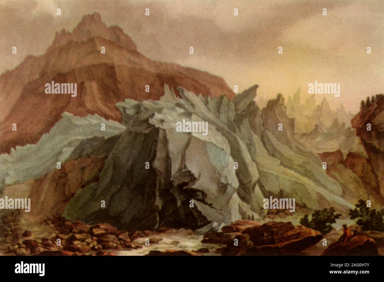 'Le L&# xfc;tschinen l'émission à partir de la partie inférieure des glaciers de Grindelwald, 1782-1785, (1946). Scène de montagne dans les Alpes, avec le Noir L&# xfc;tschine river qui s'écoule à partir de Grindelwald en Suisse. L'aquatinte au British Museum, Londres. À partir de la "British alpinistes", par F. S. Smythe. [Collins, Londres, 1946] Banque D'Images