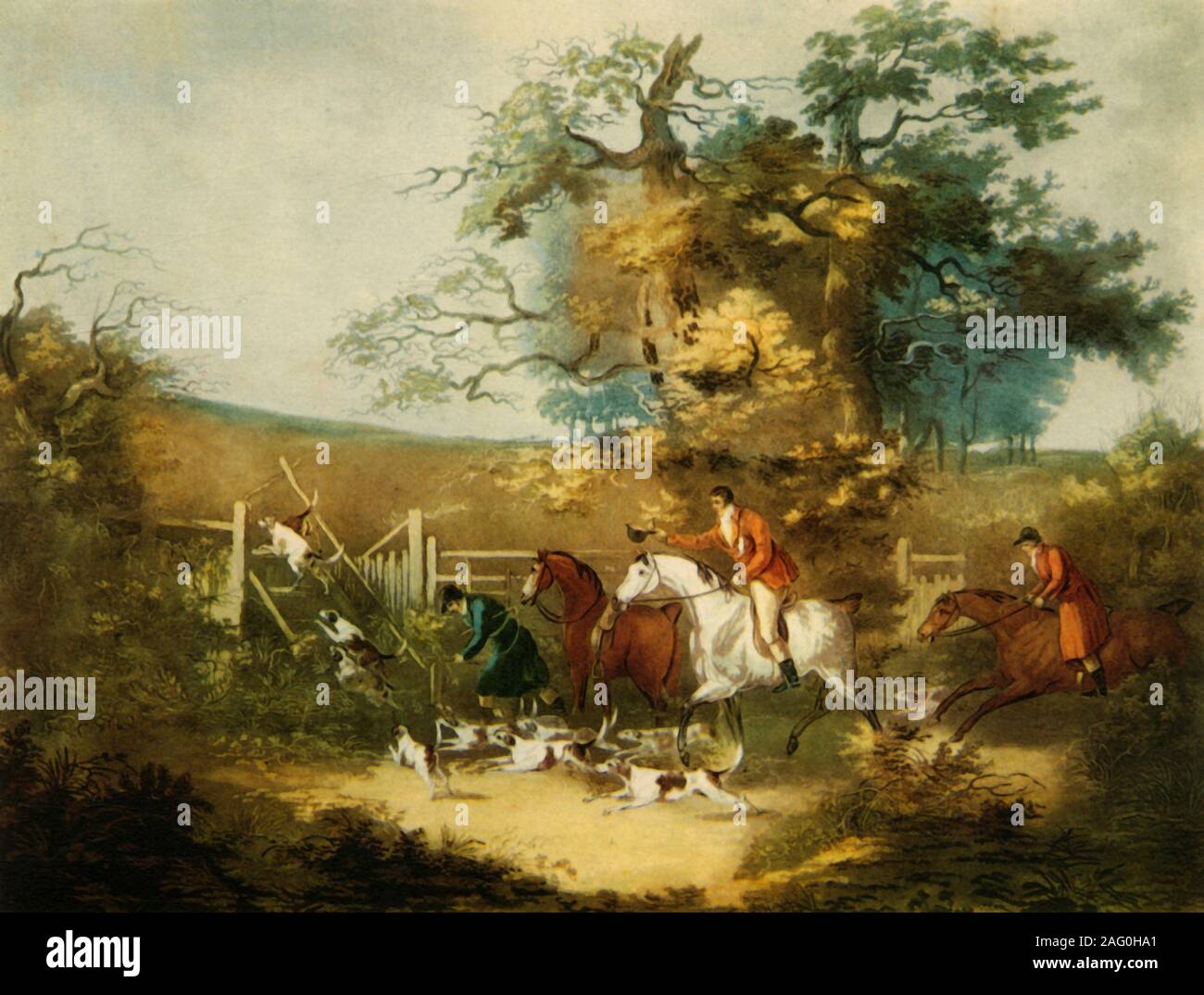 "La chasse au renard", 1806, (1944). Scène de chasse anglais traditionnel avec des foxhounds et cavaliers. L'aquatinte fait milieu du 19ème siècle après un travail de 1806. À partir de "chevaux de Bretagne", par Lady Wentworth. [Collins, Londres, 1944] Banque D'Images