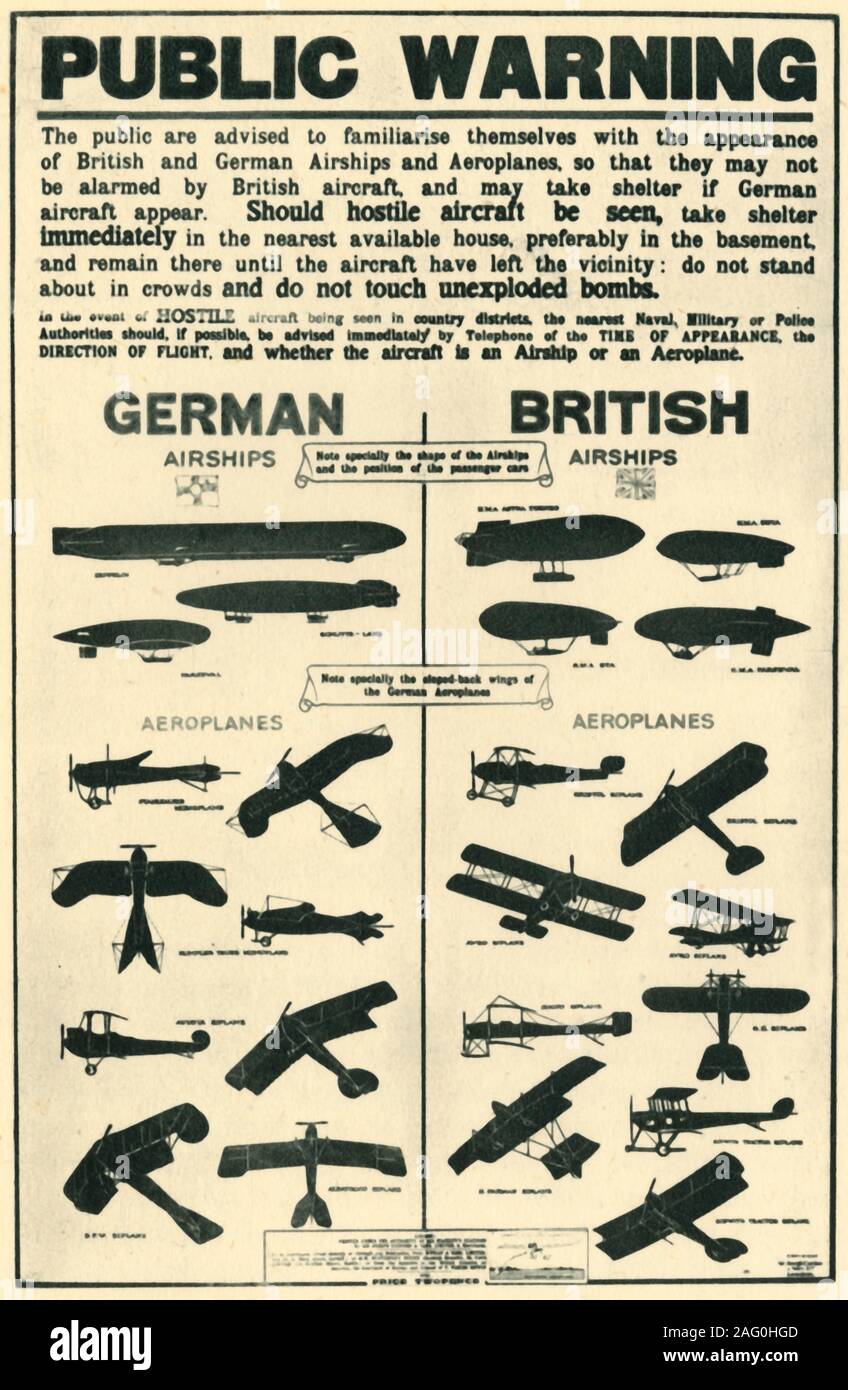 Affiche du types d'avions britanniques et allemandes, Première Guerre mondiale, 1915, (1944). Graphique produit par le gouvernement britannique montrant décrit d'aéronefs pour l'identification : 'Public Avertissement : On recommande au public de se familiariser avec l'apparence de dirigeables britanniques et allemandes et des avions, de sorte qu'ils peuvent ne pas être alarmé par des avions britanniques, et peut se mettre à l'abri si l'aviation allemande apparaissent. Doit être vu d'avions hostiles, abritez-vous immédiatement dans la chambre disponible le plus proche, de préférence dans le sous-sol, et y restent jusqu'à ce que les avions ont quitté les environs : ne pas se tenir ab Banque D'Images