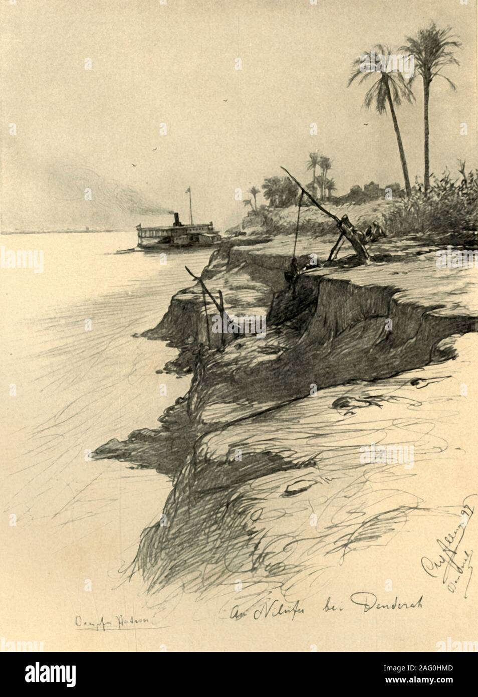 Sur les rives du Nil à Dendérah, l'Egypte, 1898. Hatasoo' 'bateau à vapeur sur le Nil. Sur la droite est un shadoof, un appareil de levage de l'eau pour l'irrigation. 'Am Nil&# xfc;fer bei' Bague romaine t52. À partir de "Rund um die Erde" [le Tour de la terre], écrit et illustré par C. W. Allers. [Union Deutsche Verlagsgesellschaft, Stuttgart, 1898] Banque D'Images