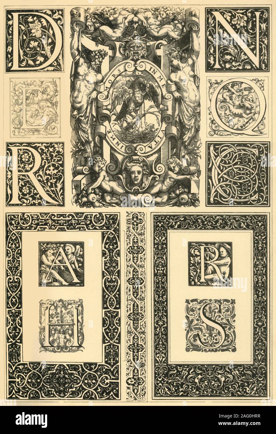 Ornements typographiques de la Renaissance française, (1898). 'Fig 1 : initiale de l'époque de Louis XII par [Geofroy Tory]. Fig 2 : initiale de l'époque de Fran&# xe7;ois I par les conservateurs. Fig 3 : initiale de l'époque de Fran&# xe7;ois je par Claude Garamont. Fig 4 : Cartouche de l'époque de Henri II [16e siècle] par Jean Goujon. Fig 5 : initiale de l'époque d'Henri II par Jean Goujon. Fig 6 : initiale de l'époque de Henri II de Salomon Bernard's school. Fig. 7 et 8 : Initiales de l'époque de Henri II de Salomon Bernard's school. Figs 9-11 : les frontières de l'époque d'Henri II par Petit Bernard. Fig 12 : Première f Banque D'Images