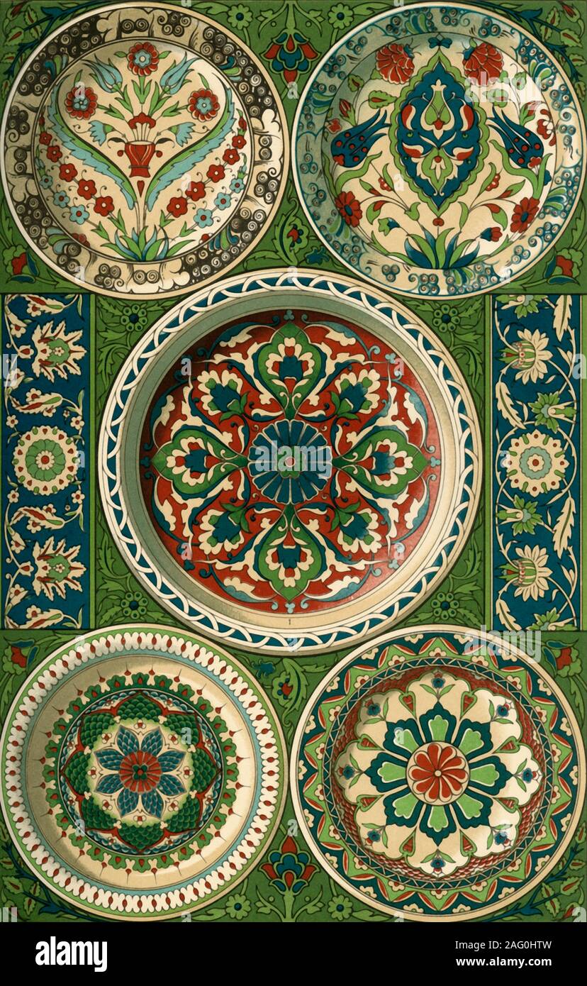 Poterie persane, (1898). 'Figs 1-5 : fayence de la Perse ancienne plaques de la mus&# xe9;e Cluny à Paris. Figs 6 et 7 : les frontières des murs wainscoted avec fayence. Fig 3. Après un dessin original de C. Bauer de la Kunstbibliothek "der Kgl. Centralstelle f&# xfc;r Gewerbe und Handel" à la Stuttgart....La belle fayence ware produits par l'industrie de Perse était en tout temps un grand article d'exportation. Dans tous les pays de confession islamique les productions de cette très ancienne et très développée l'industrie sont trouvés jusqu'à l'heure actuelle". 19 Plaque de "l'historique des styles Orname Banque D'Images