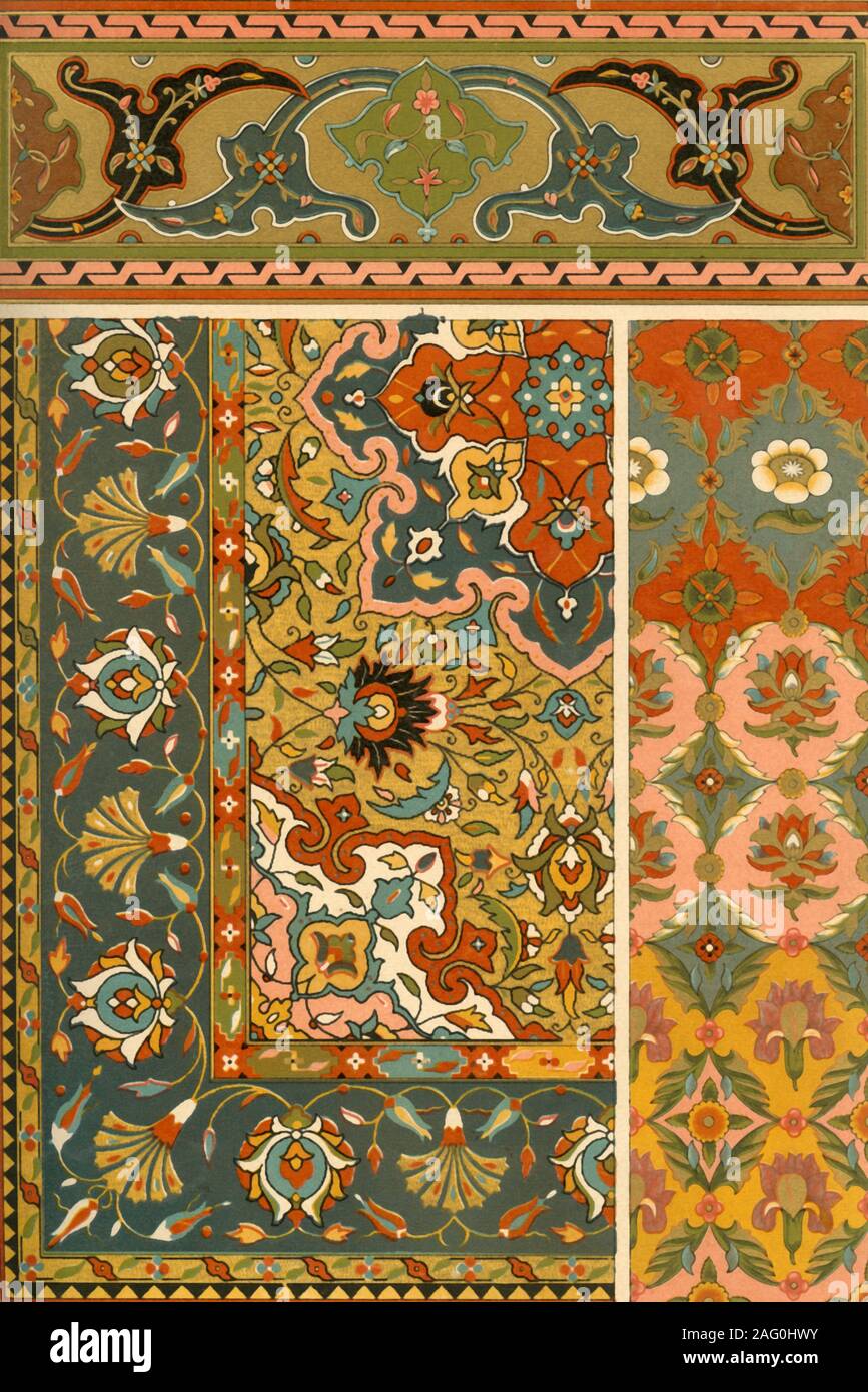 Tissage persan et iIllumination, (1898). Fig 1 : 'tapis persan, 16ème siècle. Fig 2 : motifs [Motifs] pour le tissage d'un vieux livre persan d'ornements dans le musée d'Art à Londres. Fig 3 : allumage à partir d'un Coran...tapis persan, couverte de fleurs et, dans de nombreux cas, animé avec des animaux et des oiseaux, et le Coran peint délicatement-manuscrits sont très dispersés et favorable à l'ensemble du Moyen-Orient". 20 Plaque de "l'historique de l'Ornement Styles" traduit de l'Allemand de H. Dolmetsch. [B.T. Batford, Londres, 1898] Banque D'Images