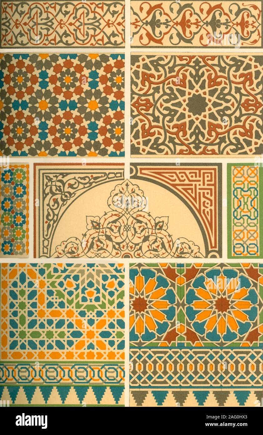 Arab-Moorish et mosaïque, travail d'argile émaillée (1898). 'Arabian-Moresque - Mosaïques, fa&# xef;ence - Figures 1, 3 et 4 : Wainscottings d'argile émaillée [de l'Alhambra Granada, Espagne]. Fig 2 : les boiseries d'argile émaillée de la mosquée de l'Cheykhoun au Caire. Figs 5-7 et 9-11 : En wainscottings incrusté de stuc du Caire. Fig 8 : En wainscottings incrusté de stuc de Damas...Arabian et maure mosaïques sont faites en partie de petits morceaux de marbre de couleur, en partie de petites plaques d'argile, peint et vitrage. Parfois...les dessins sont coupées en les plaques en marbre et les approfondissements fille Banque D'Images