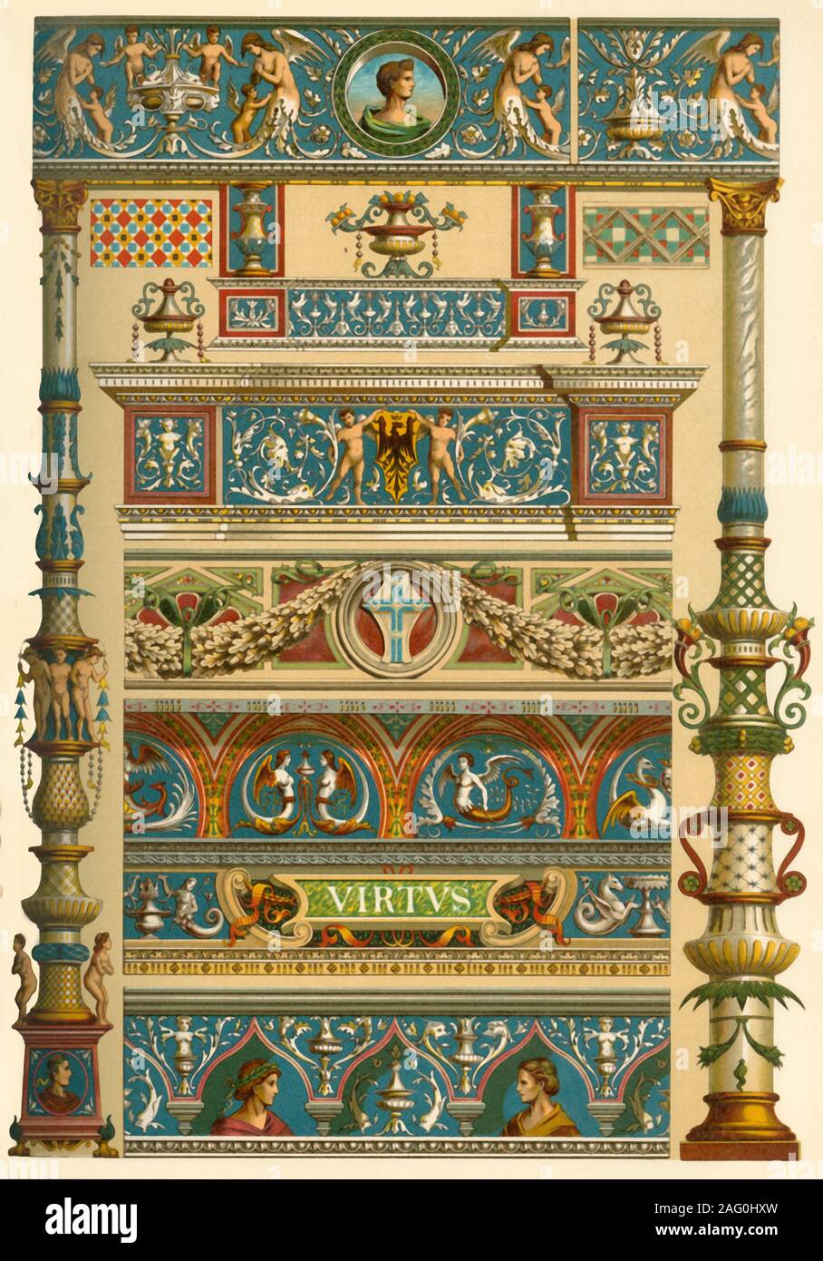 La peinture décorative de la Renaissance italienne, (1898). Exemples de façades peintes : 'Figs 1-7 : De l'avant d'une maison à Gênes (Via San Matteo. Nr, 10). Fig 8 : l'avant de la cour de 'Casa Taverna' à Milan. Figs 9-11 : l'avant de la cour du Palais Piccolomini à Pienza...ici, nous voyons surtout l'ornement végétal... Nous trouver presque partout, magnifiquement délicates branches courbées de façon symétrique ou au moins arrangement régulier, dans lequel les feuilles d'acanthe antiques lois la partie principale, bien que, pas plus sans les diverses transformations. Aussi la vigne, Laurel, ivy etc. sont frequentl Banque D'Images