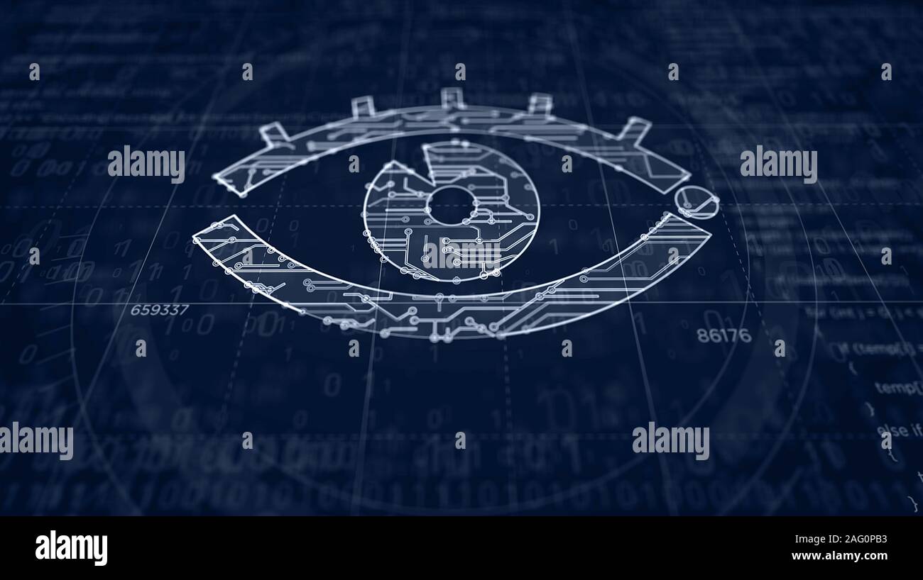 Cyber espionnage avec symbole de l'œil la création du projet. Concept abstrait de la surveillance, de l'espionnage, de piratage et de violation de la vie privée 3d illustration. Drawi Banque D'Images