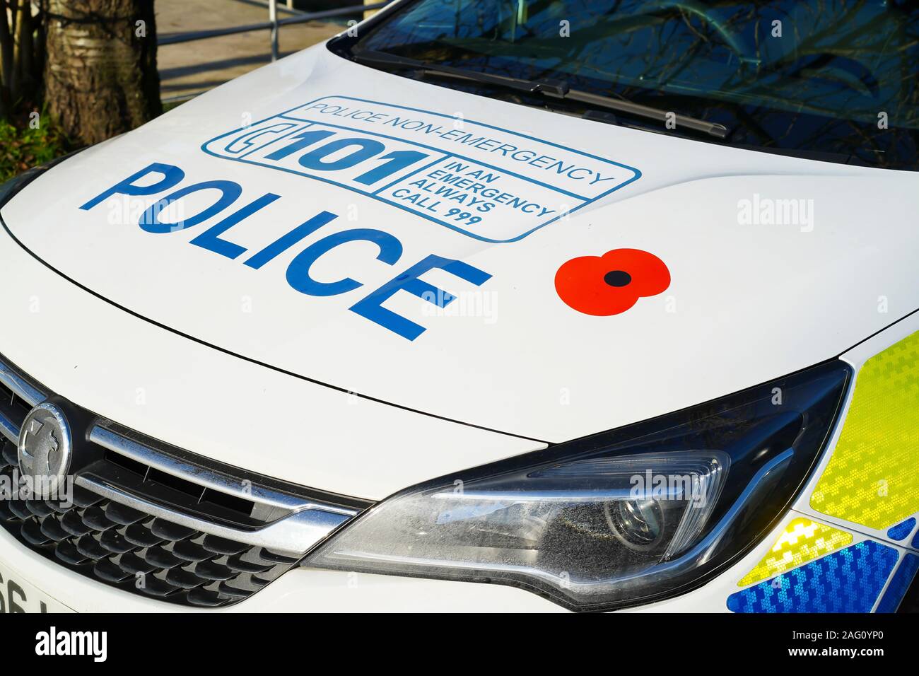 Close up of sign écrit sur véhicule de police bonnet, publicité 101 numéro de téléphone d'urgence pour les non-UK police service. Banque D'Images