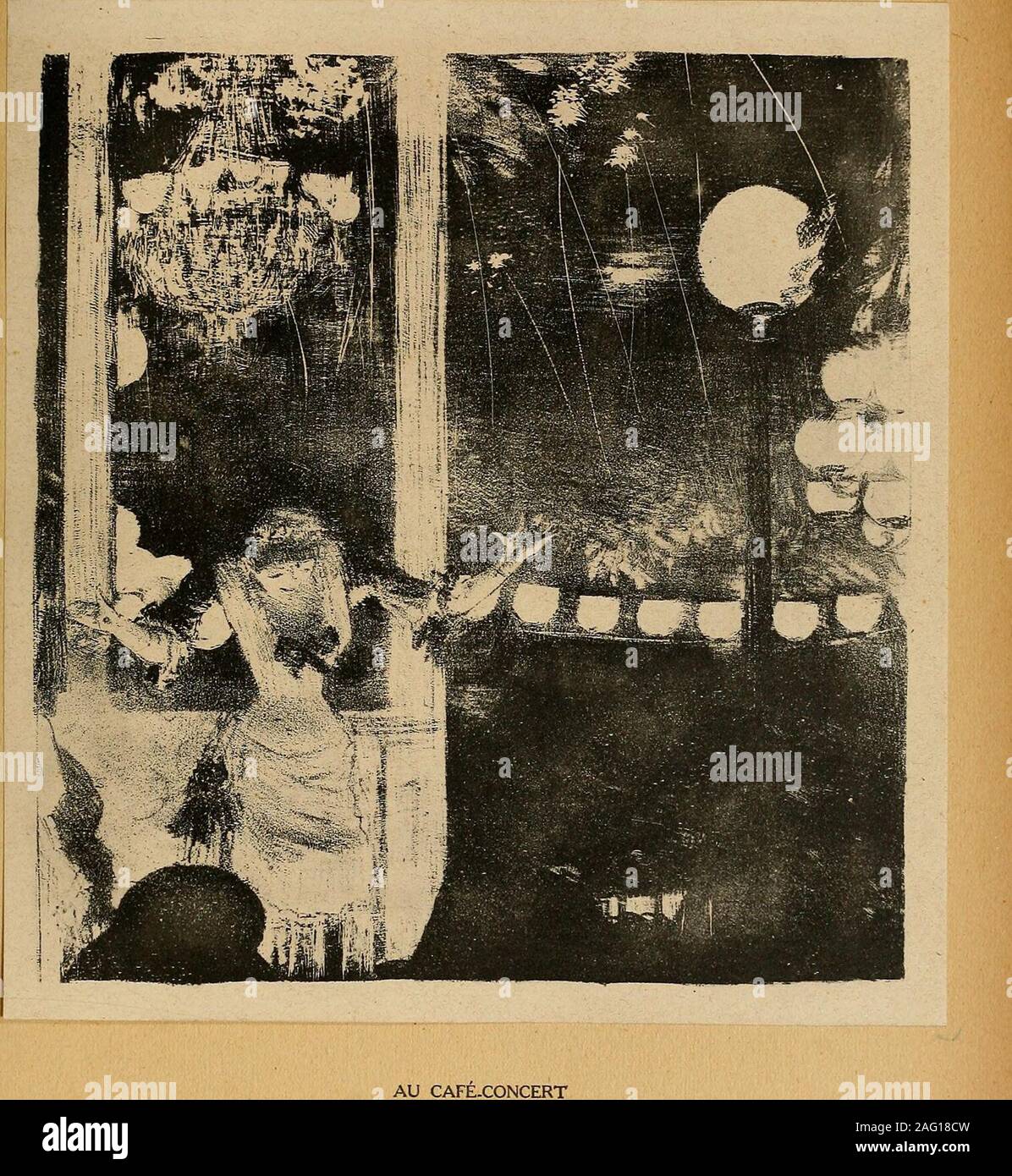 . Degas. LE CAFÉ-CONCERT Collection de M. G. Via. AU CAFE.CONCERT(lithographie originale) plus deffet que lendroit lui-même, parce que lartiste a une science et unart que vous ne possédez pas. Il est tel de ces cafés-concerts - la femmeen robe rouge - qui est de tout point merveilleux Quel art dans les femmes du fond, en mousseline de robes, léventailà la main, lourdes ou maigres, stupides, aux petits yeux clignotants ourieurs ; et dans les spectateurs du premier plan, la tête levée, le cou tendu, attentifs à la chanson presuntuoso, pimentée de gestes canailles. Un divetteest la contralto trempé Banque D'Images