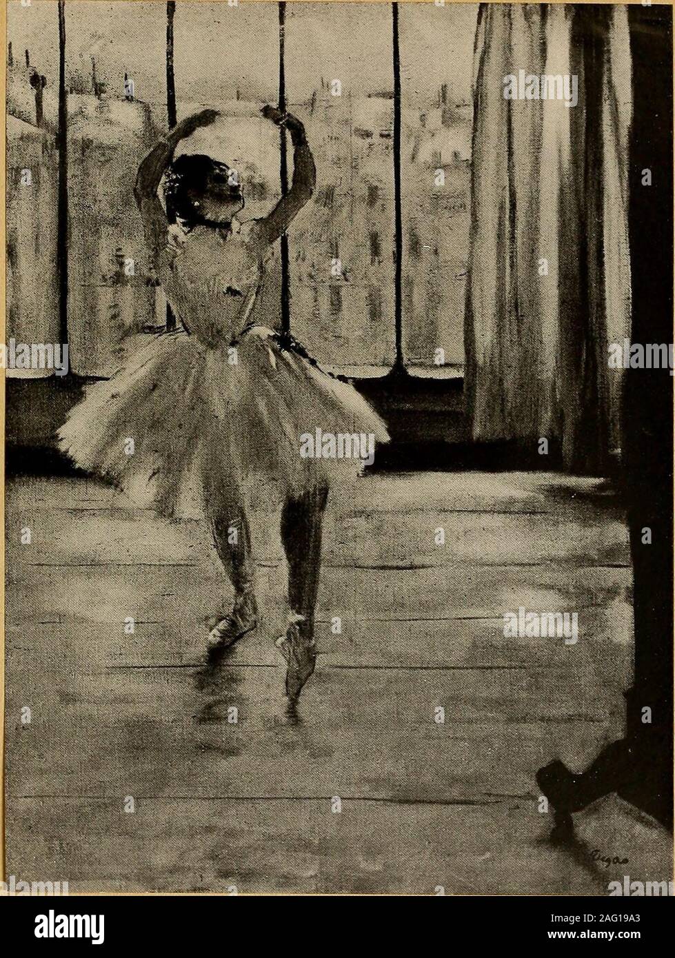 . Degas. LA RÉPÉTITION AU VIOLON Photo Durand-Ruel.. LA DANSEUSE CHEZ LE PHOTOGRAPHE Le Café-Concert. A côté des scènes de la danse, il faut placer les interprétations du Parisnoctambule, des cafés, des cafés-concerts, des cirques, que Degas a, le pre-mier et le seul peut-on dire, saisis dans léclairage factice pour du gaz et delélectricité. Voici dabord des femmes à la terrasse dun caboulot ou dune brasserie.Elles figurèrent à lexposition des impressionnistes de 1877 et se trouventaujourdhui au musée du Luxembourg-legs Caillebotte -. Assisesdevant, des tables de marbre, entre des colonne Banque D'Images