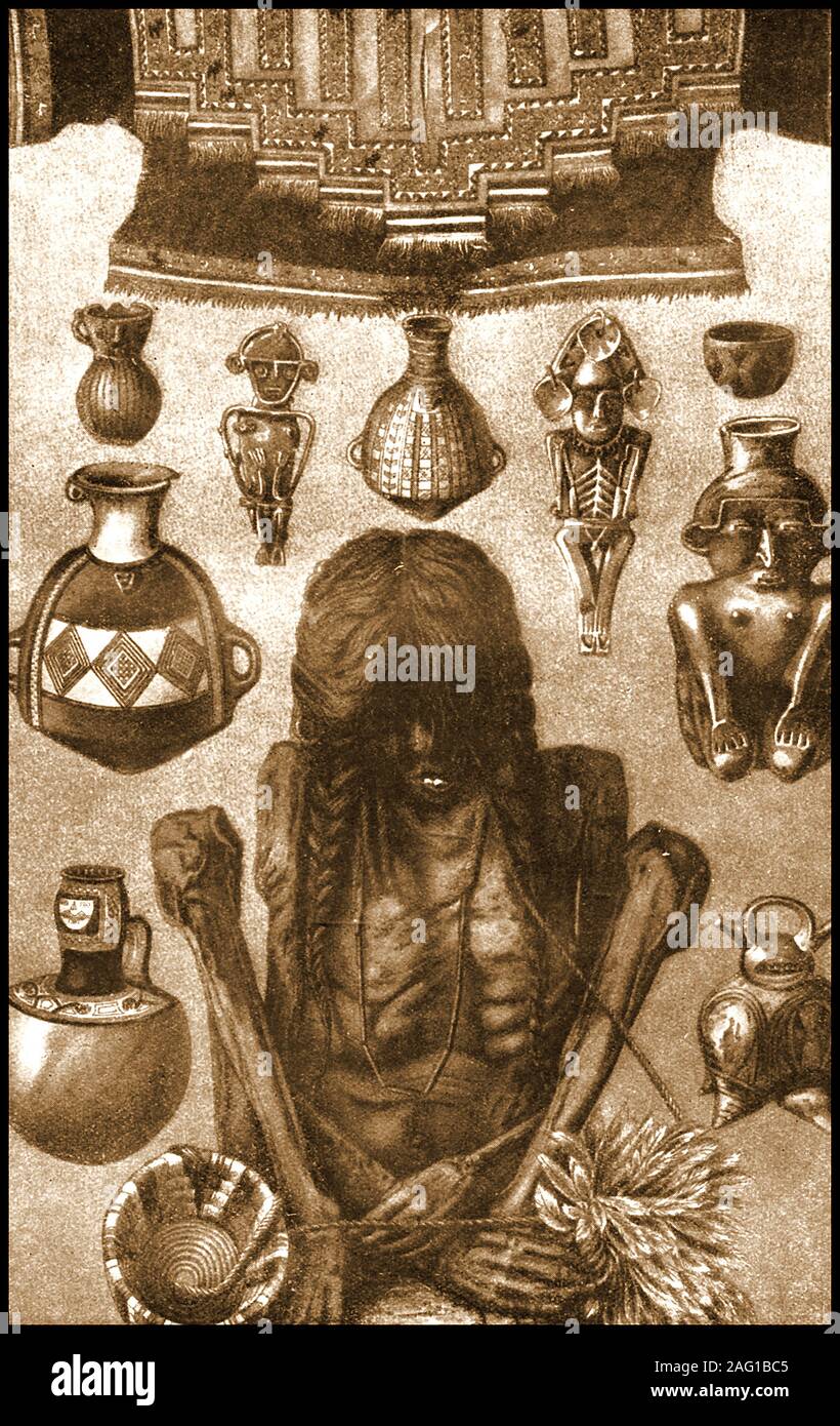 1909 Un livre illustration montrant le début de trouver d'une momie péruvienne et autres objets archéologiques trouvés dans le pays à partir de 1800 à l'époque. Banque D'Images