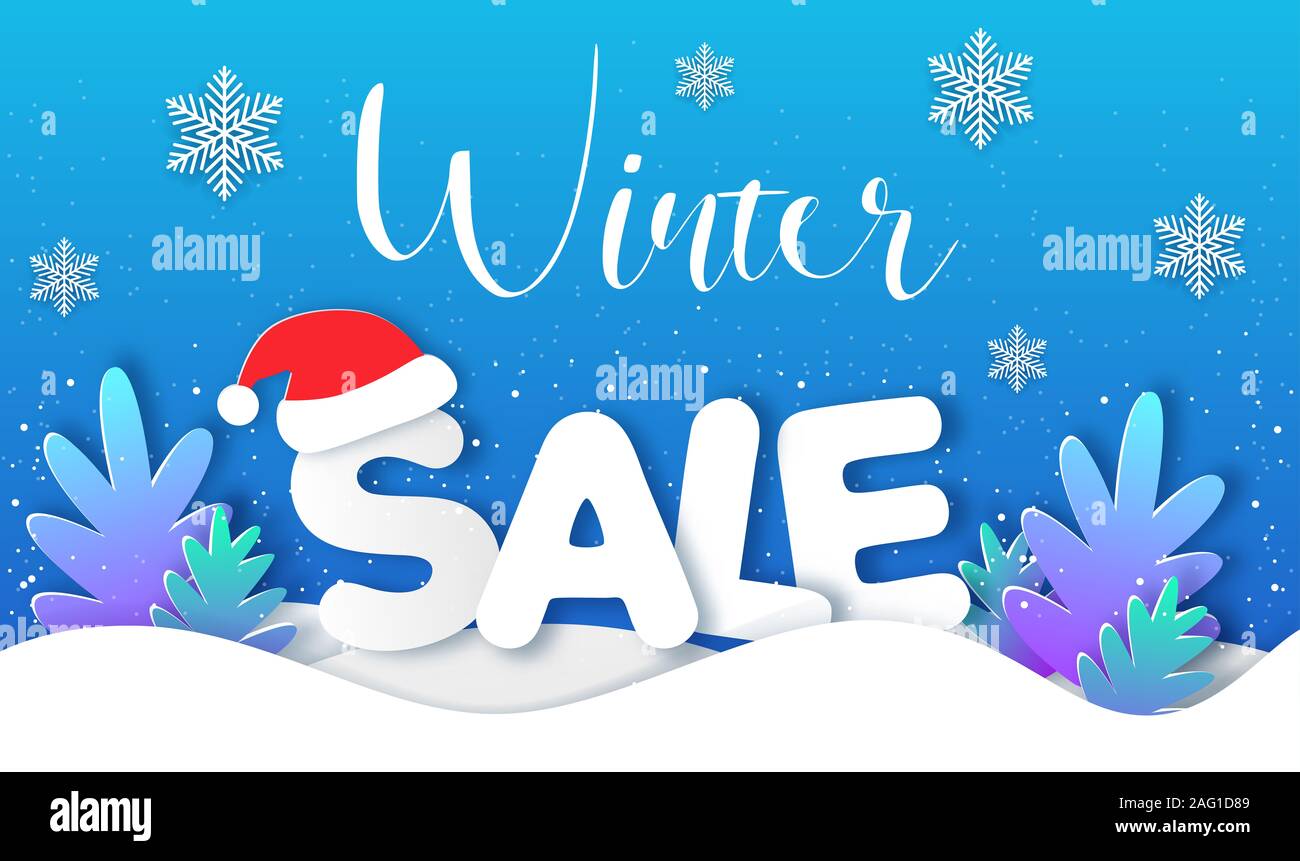 Noël et Nouvel an fond bleu avec silhouettes de papier blanc de sapin et Santa Claus hat. Conception pour la vente saisonnière de l'hiver. Banque D'Images