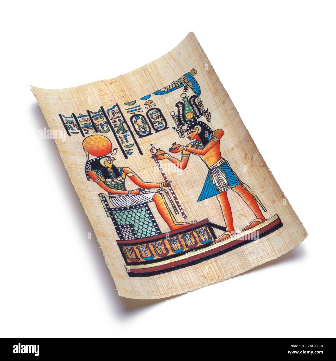 Peinture sur papyrus égyptien isolé sur fond blanc. Banque D'Images