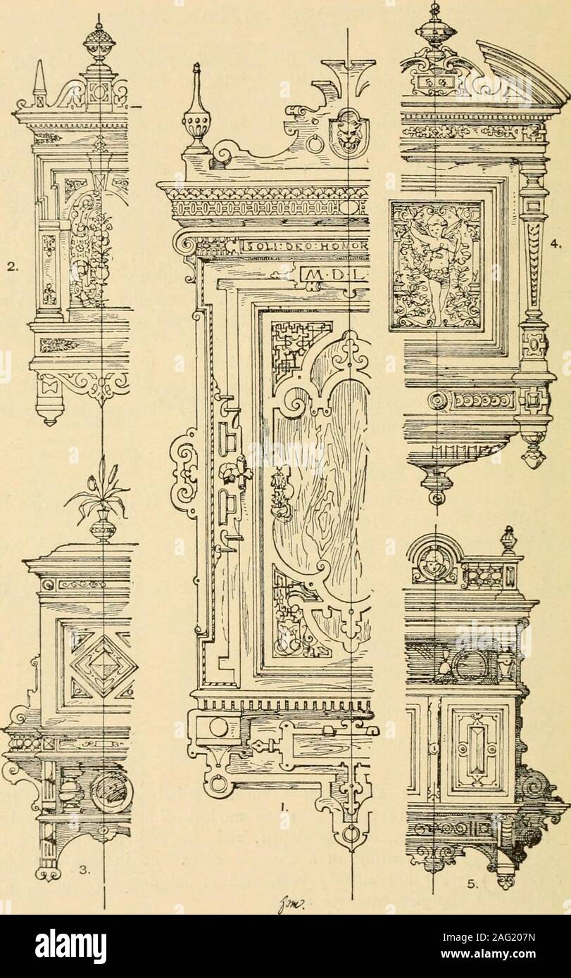 . Manuel de l'ornement ; une grammaire de l'art, la conception architecturale et industrielle dans toutes ses branches, ainsi que des pratiques d'utilisation théorique. requently forme une partie intégrante de l'outilde l'quot ou l'architecture du mur. 254 de la plaque. Le bahut. 1. Renaissance, l'allemand, avec des réminiscences de l'architecture gothique, Na-tional Bavaroise, Munich Musée. 2. Renaissance, side-view, Saint-Lô, Normandie, 1580, South Ken-sington, Musterornamente (musée). 3-4. Moderne, avant et côté-vue, conçu à l'École de dans-l'Art, Carlsruhe industriels.5-6. Idem. 7. Moderne, par Ph. Niederhofer, Francfort. 8. Cité médiévale, (Yiollet-le-Duc) Banque D'Images