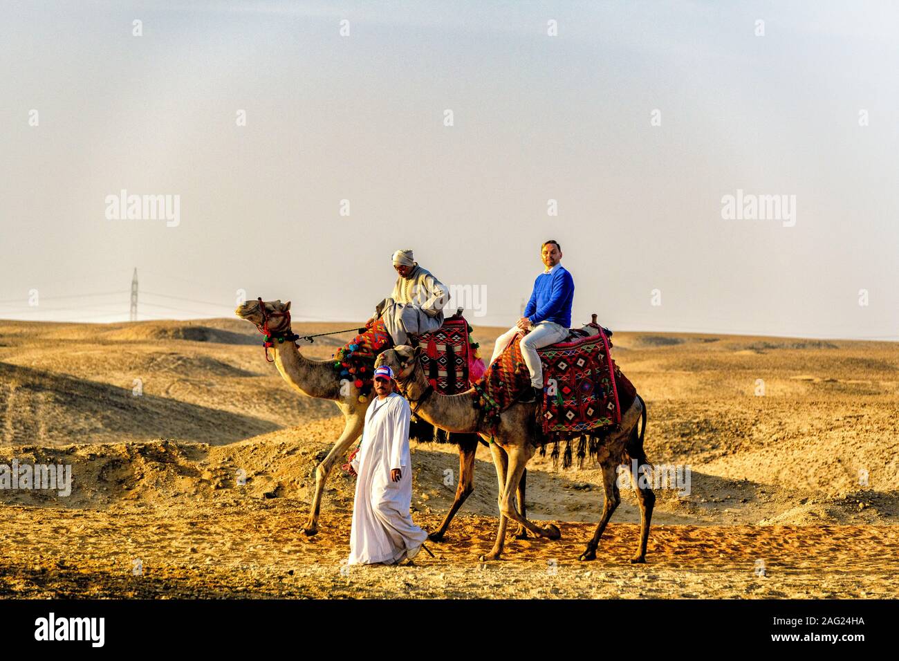 Promenades en chameau à travers le désert du plateau de Gizeh Banque D'Images