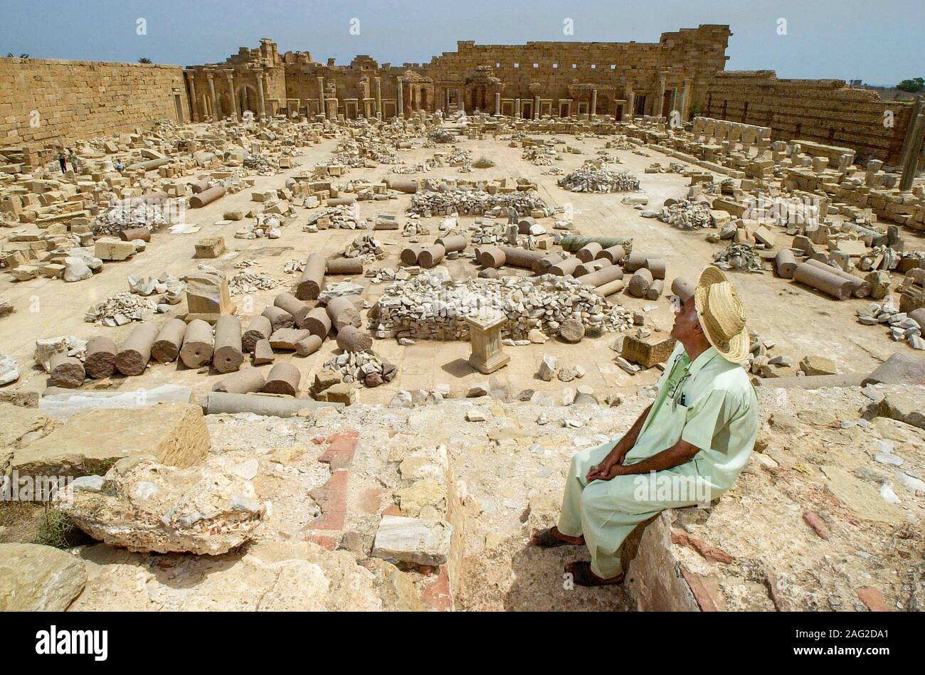 Ruines Romaines de Leptis Magna, Libye, Afrique du Nord. Banque D'Images