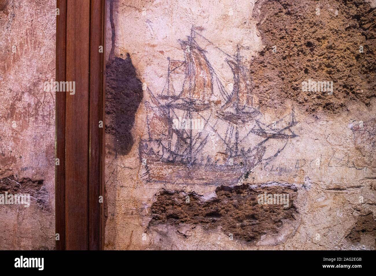 Mutin de graffitis d'un galion espagnol, donjon, château de San Cristobal, San Juan, Puerto Rico Banque D'Images