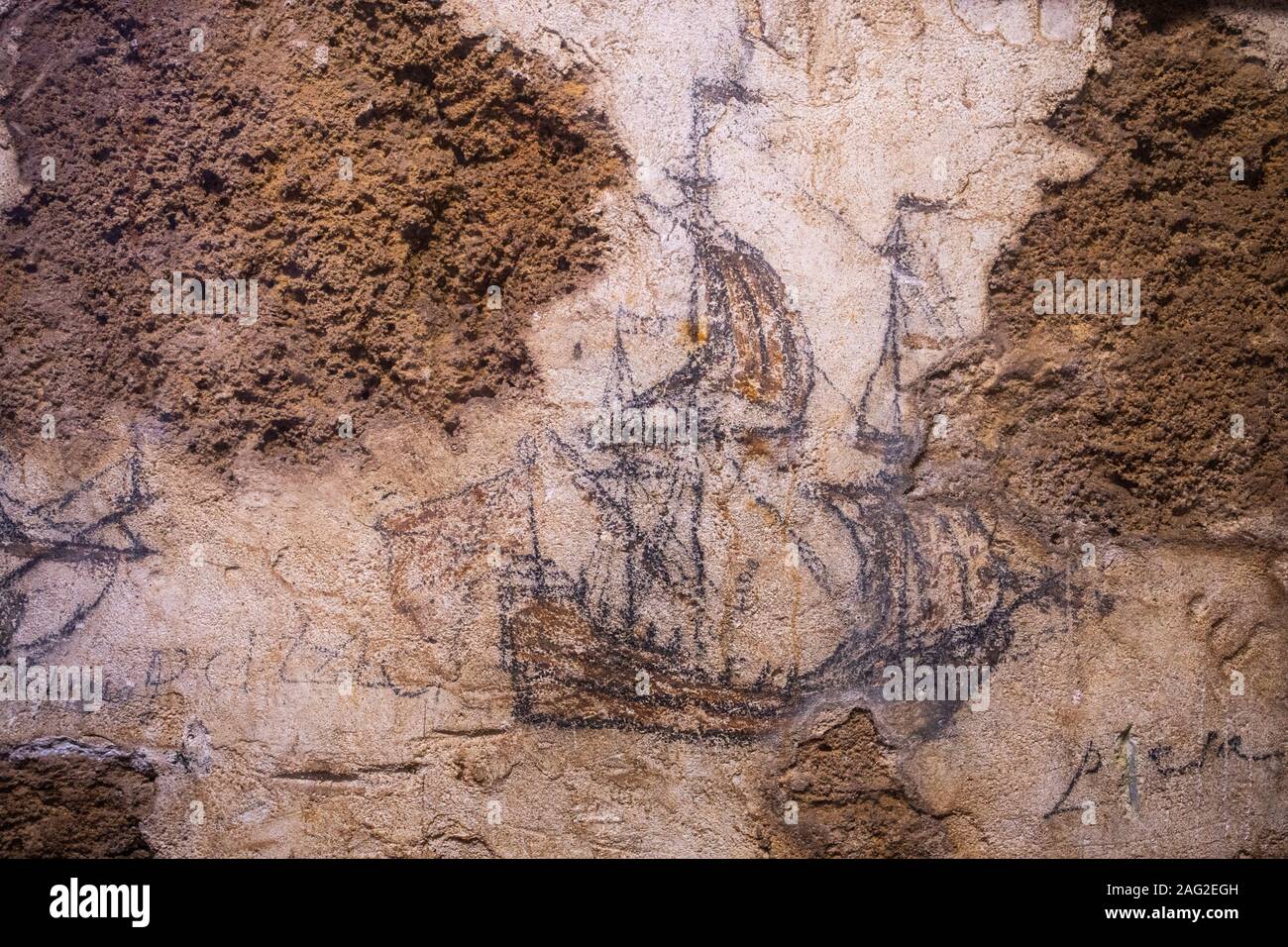 Mutin de graffitis d'un galion espagnol, donjon, château de San Cristobal, San Juan, Puerto Rico Banque D'Images