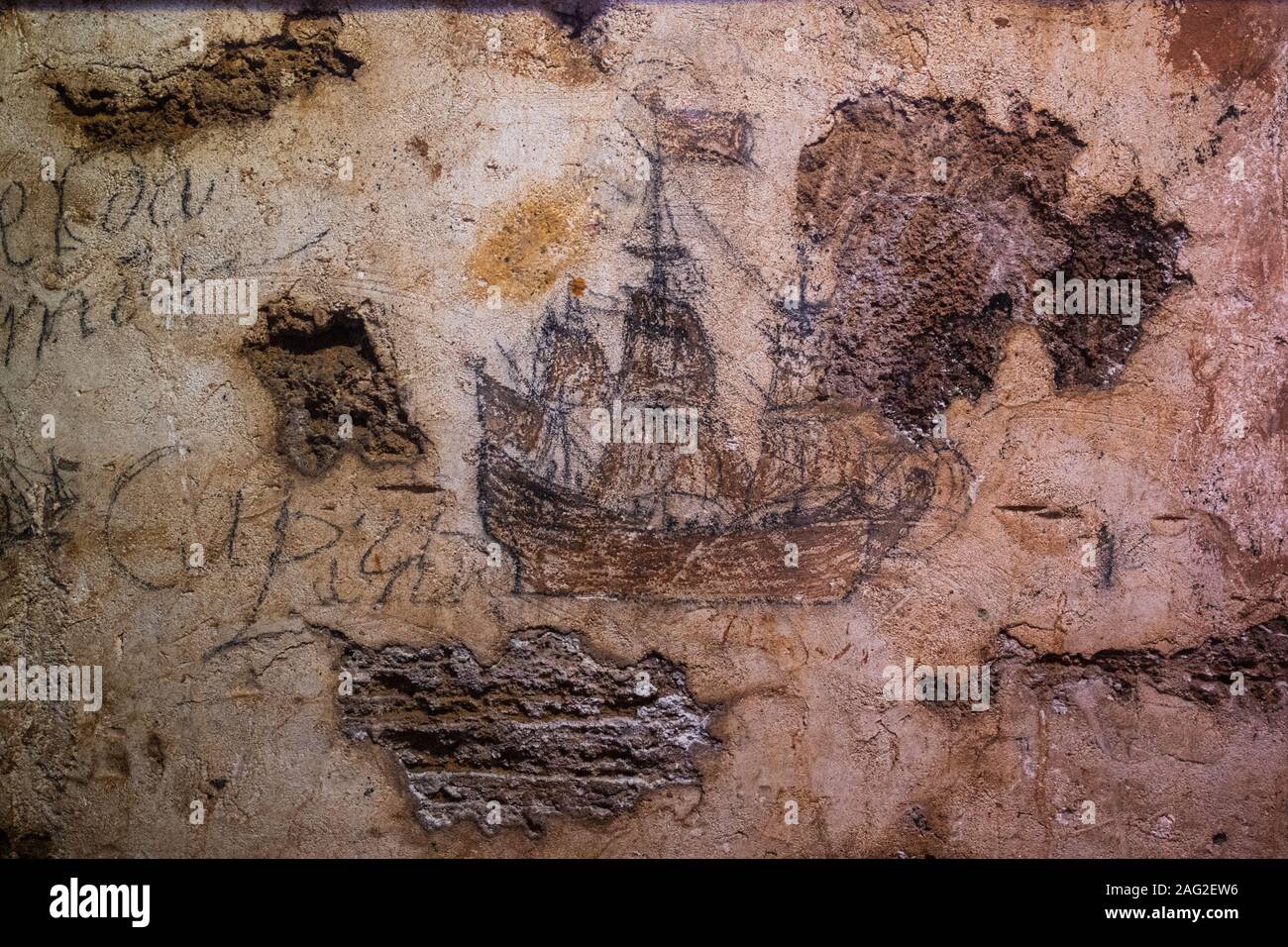 Mutin de graffitis d'un galion espagnol, donjon, château de San Cristobal, San Juan, Puerto Rico Banque D'Images