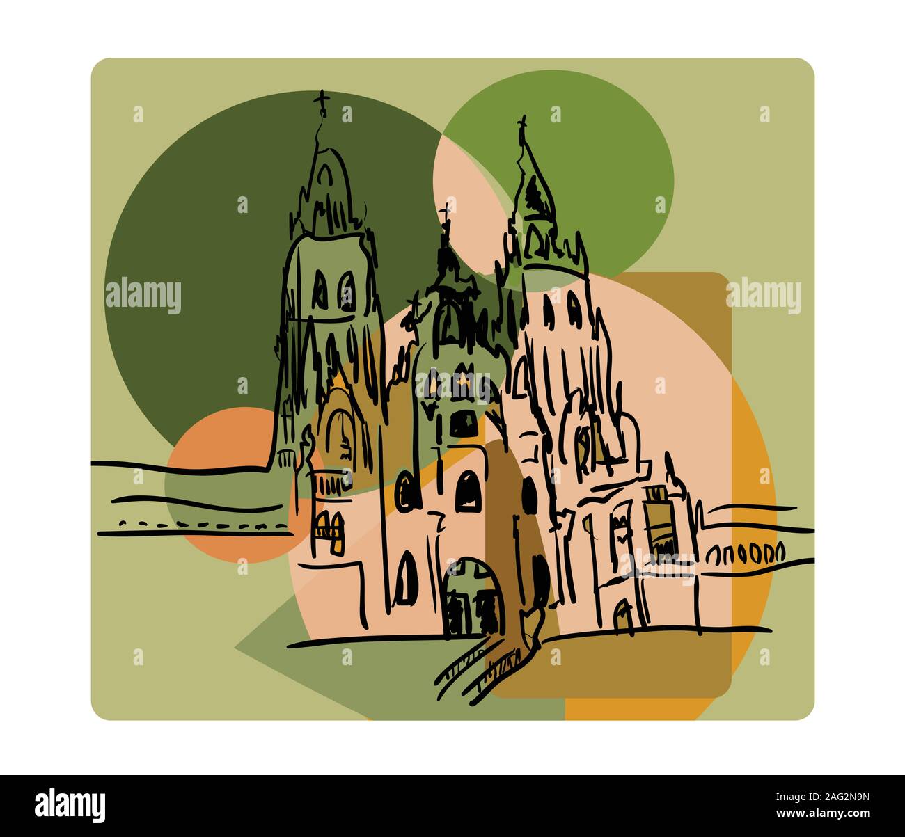 Saint-Jacques-de-Compostelle en cubisme beige et vert couleurs Illustration de Vecteur