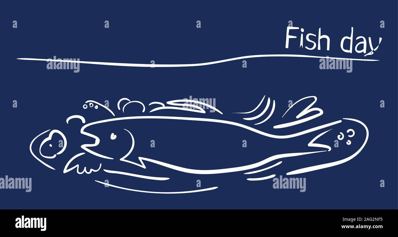 Carte postale de la journée du poisson avec poisson sur un plateau avec épices et légumes. Arrière-plan bleu. Style de contour Illustration de Vecteur