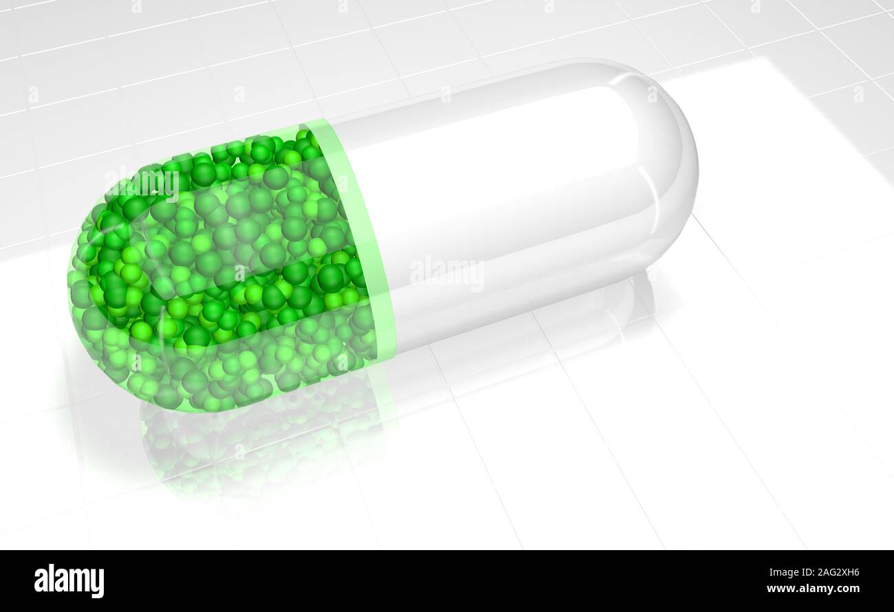 Close up sur capsule en plastique blanc transparent avec la moitié vert plein de sphères verte sur une surface réfléchissante blanche. 3D Illustration Banque D'Images