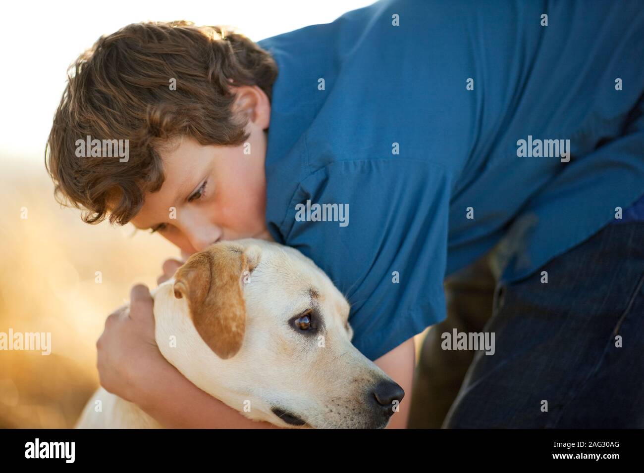 Boy kissing sa tête de chien. Banque D'Images