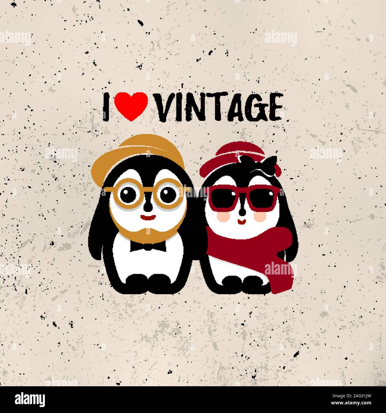 Logo couple penguin vectorielles. Vintage hiver illustratio Illustration de Vecteur
